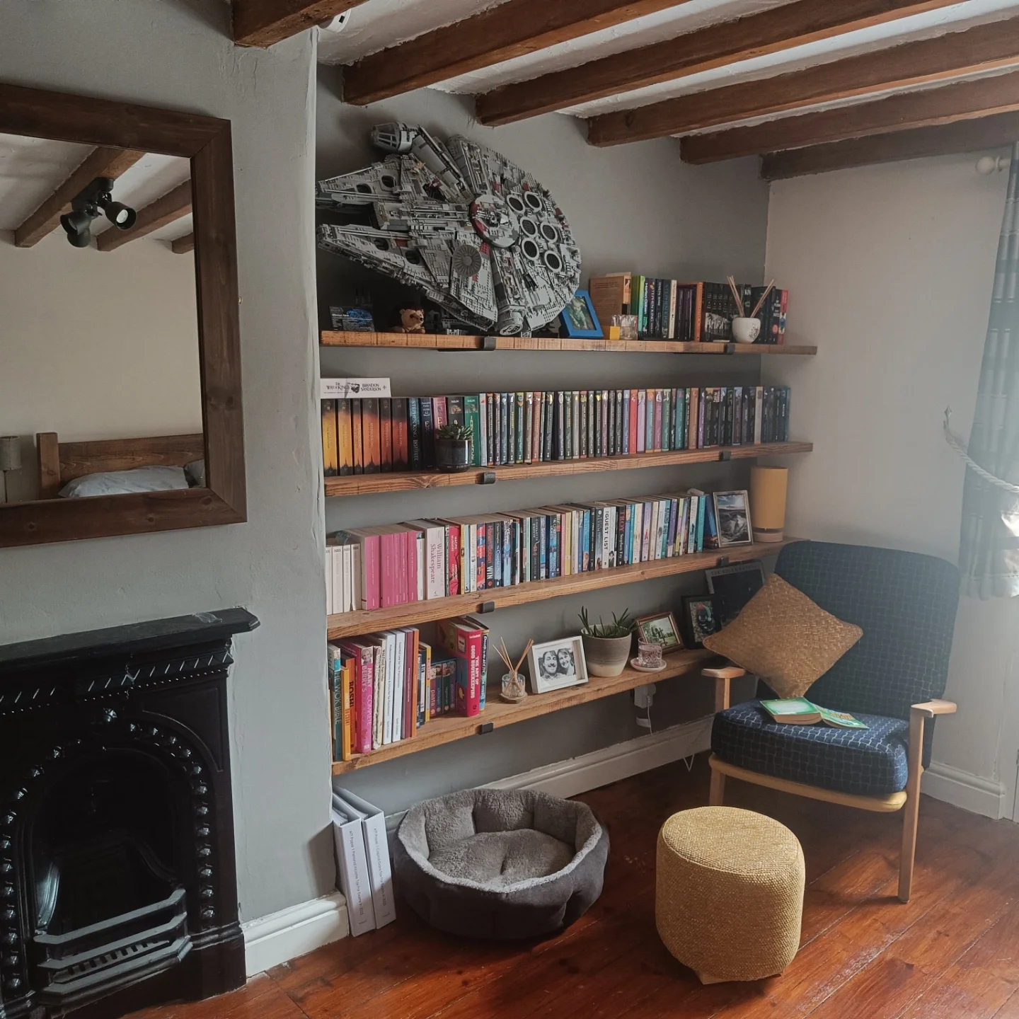 5. Use Gray Walls to Calm a Warm Wood Reading Corner