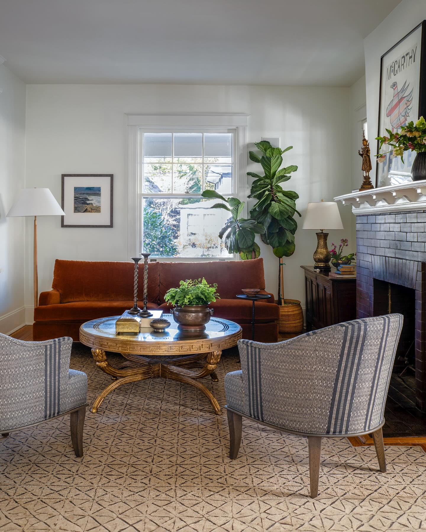6. Pair Rust Brown Velvet With Patterned Gray Chairs