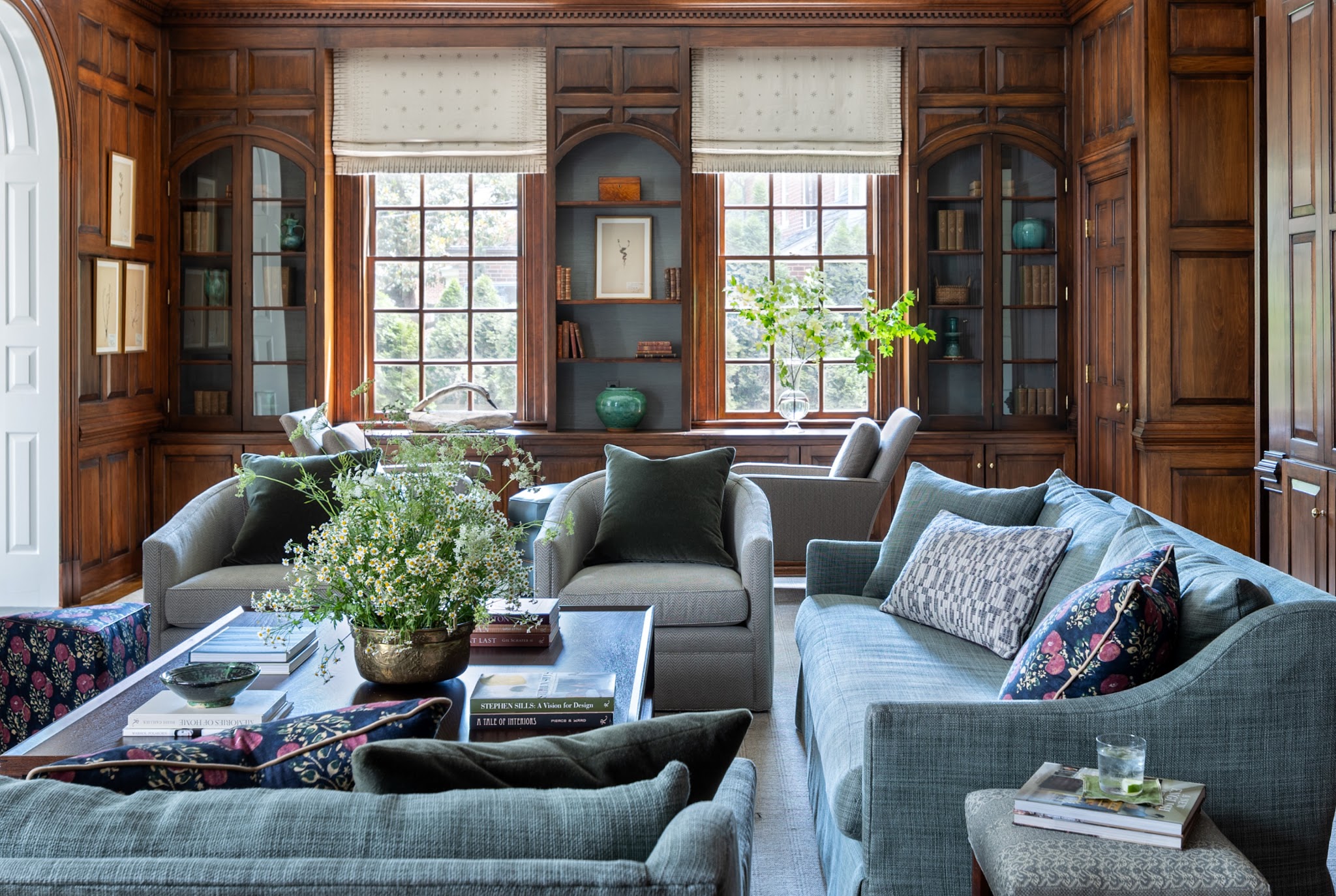 9. Cool Rich Wood Paneling With Gray Upholstery