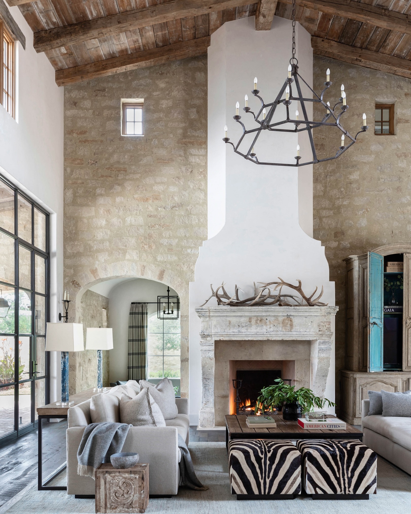 10. Contrast Factory Glass with a Rustic Timber Ceiling