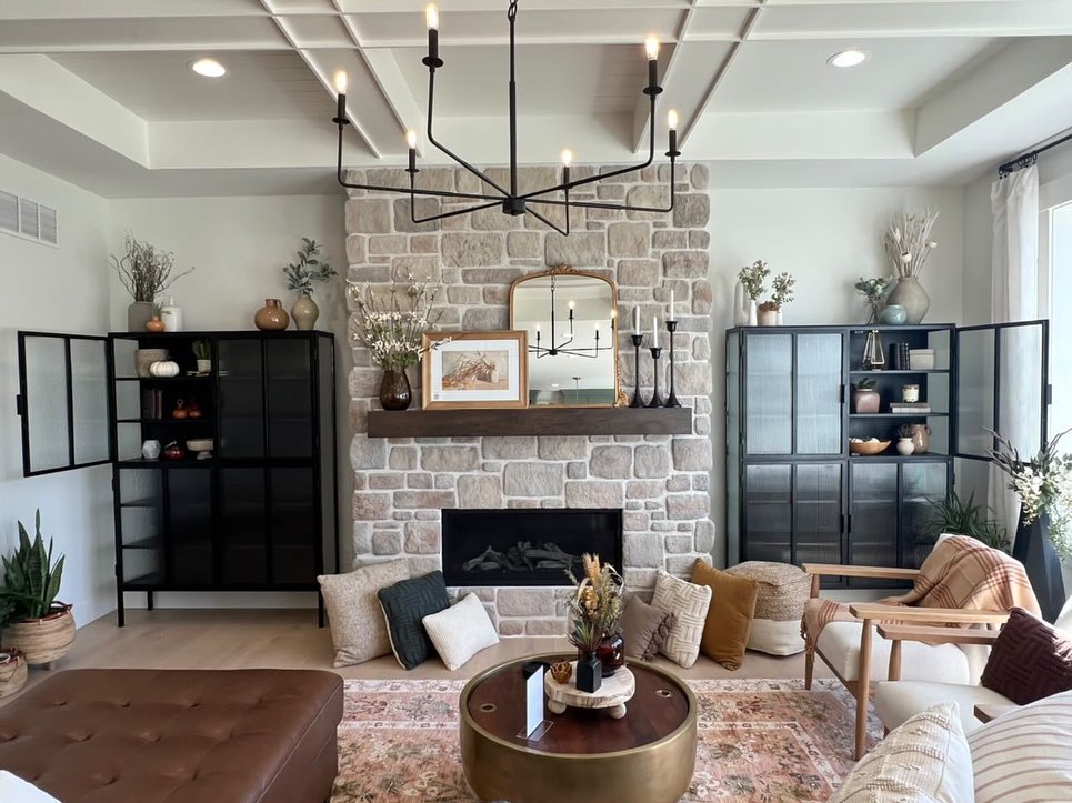 11. Frame a Rustic Hearth with Matching Metal Cabinets