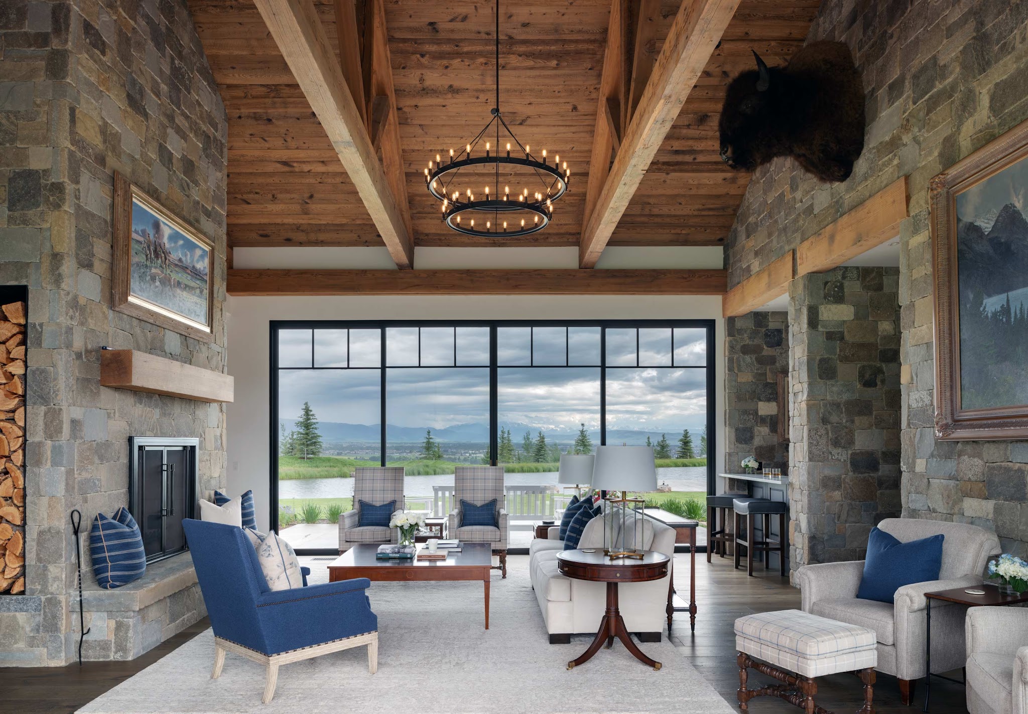 14. Introduce Blue Checks Beneath a Timber and Iron Roof