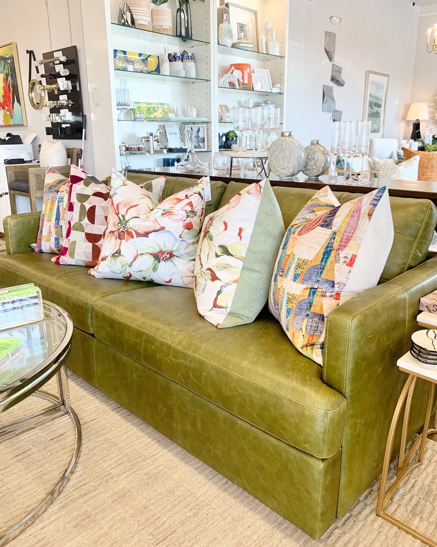 8. Mix Colorful Patterns on a Moss Green Sofa