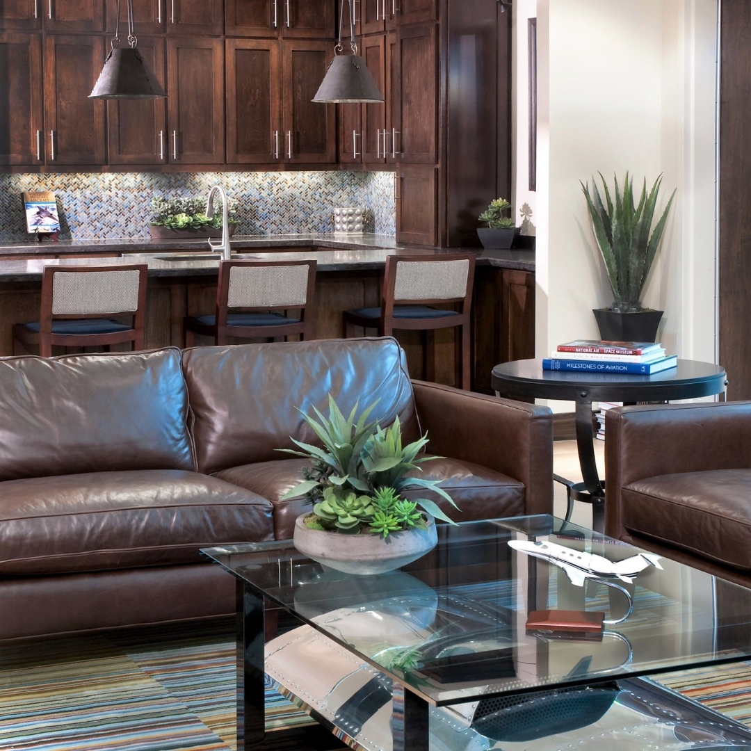 13. Echo Open Kitchen Cabinetry in Brown Leather Seating