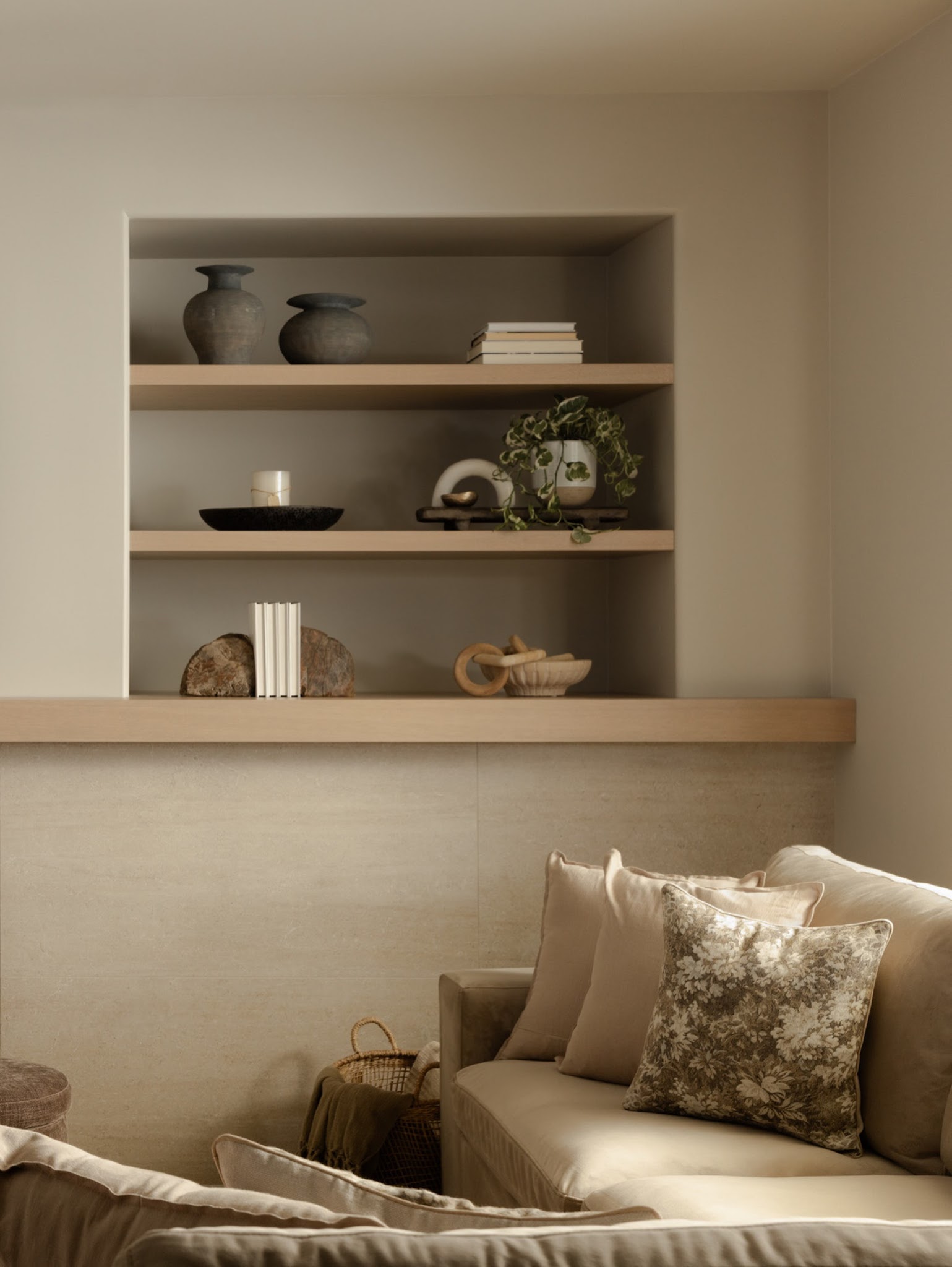 20. Set Simple Wooden Shelves Inside a Recess