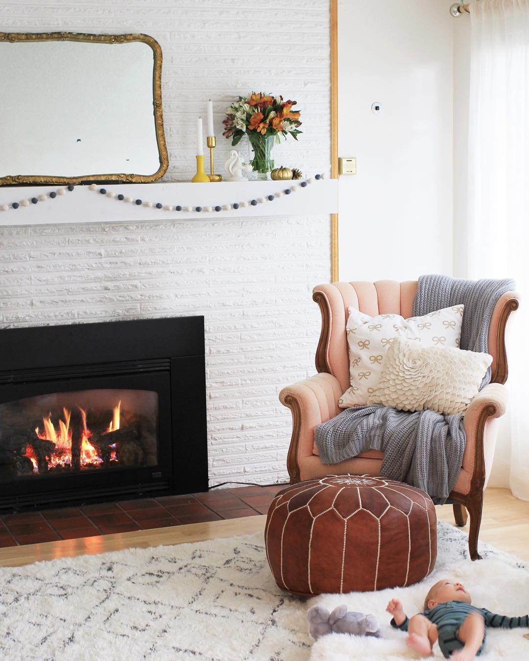 18. Soften White Brick With a Wingchair and Pouf