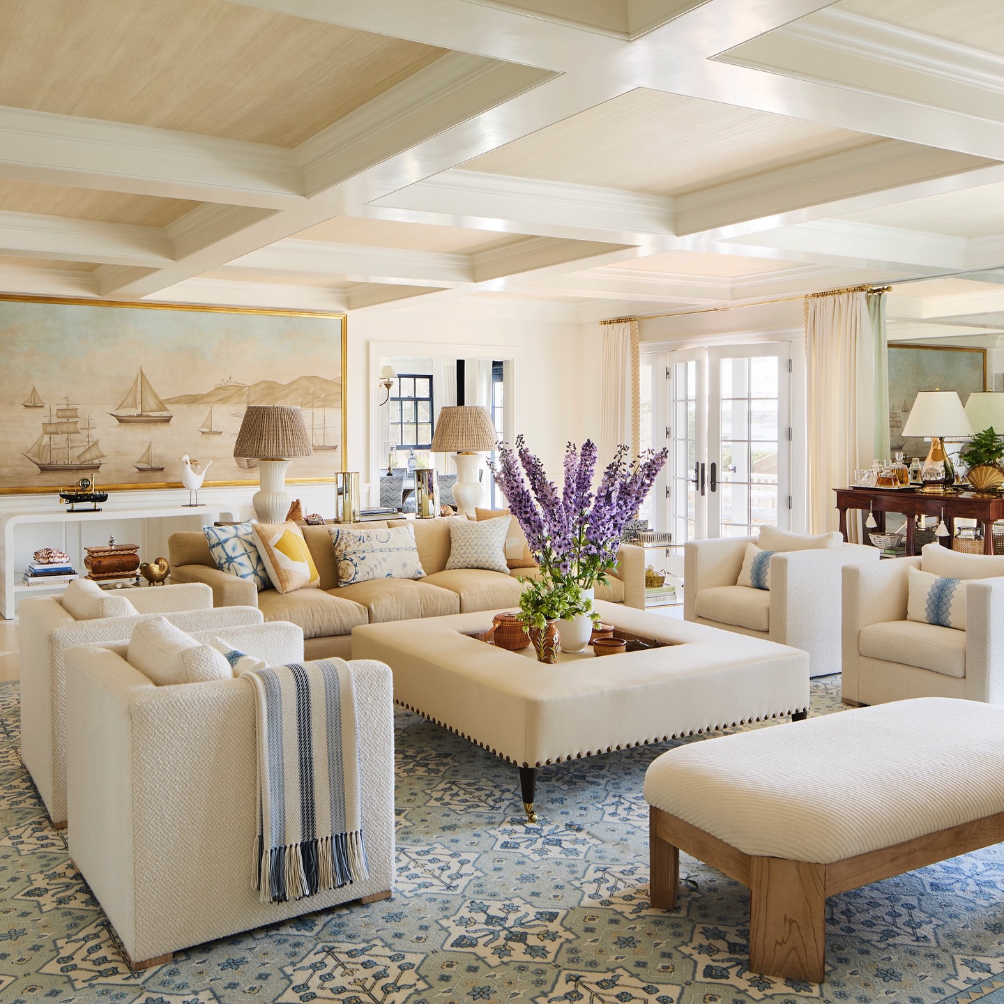 2. Warm Ceiling Coffers With Faux Wood Wallpaper