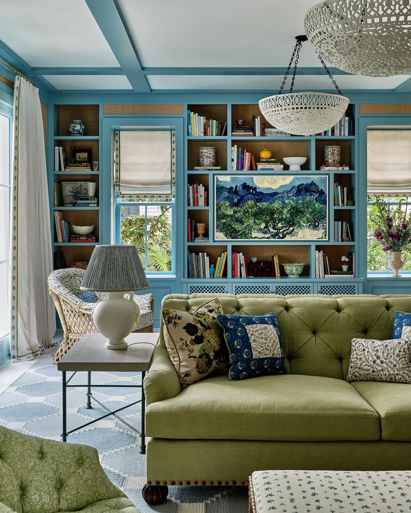 6. Line Built In Shelves With Woven Wallpaper
