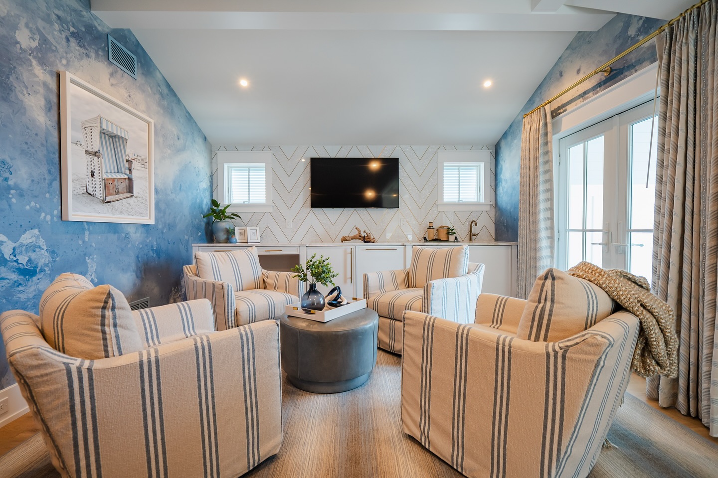 7. Pair Watercolor Walls With Crisp Striped Chairs