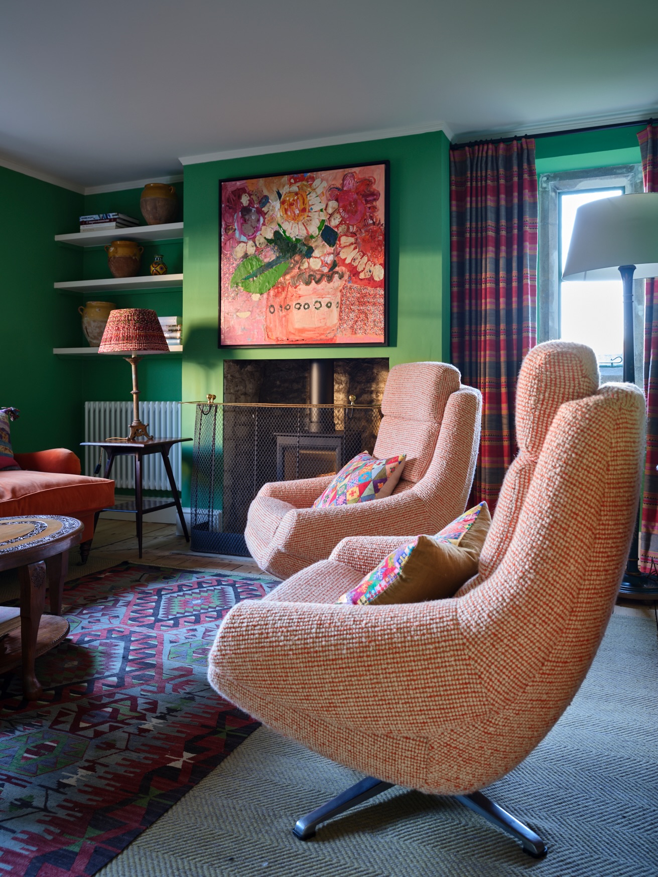 3. Pair Sculptural Chairs With Saturated Green