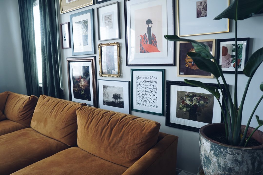 5. Give an Ochre Sofa a Graphic Gallery Wall