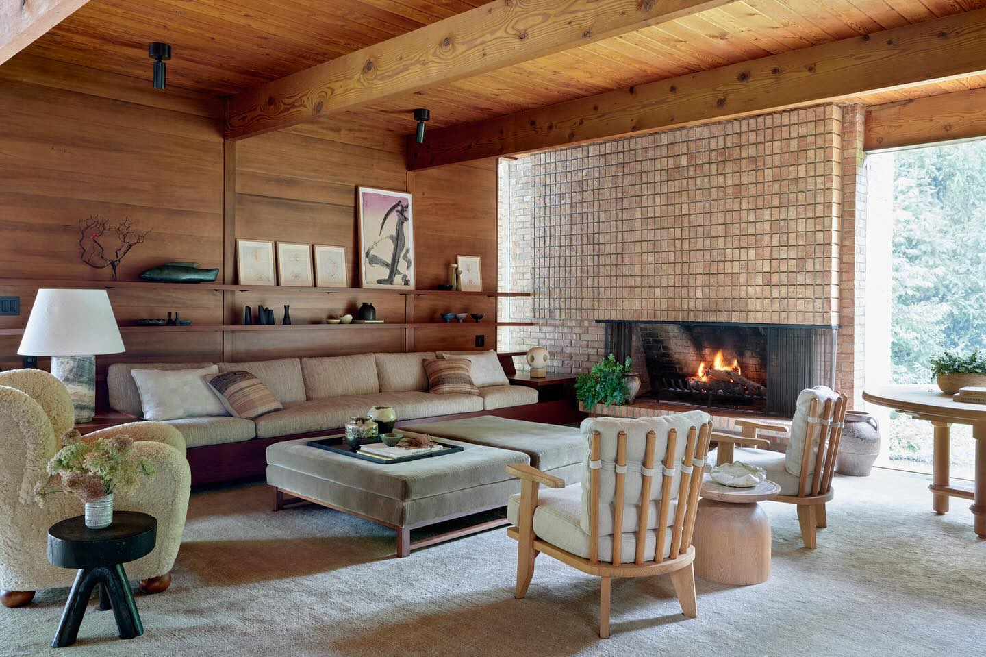 2. Balance a Wide Hearth with Built-In Seating
