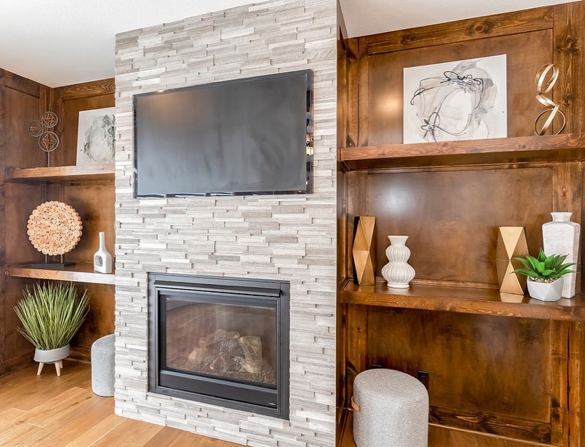 3. Frame Pale Stone with Warm Wood Shelves