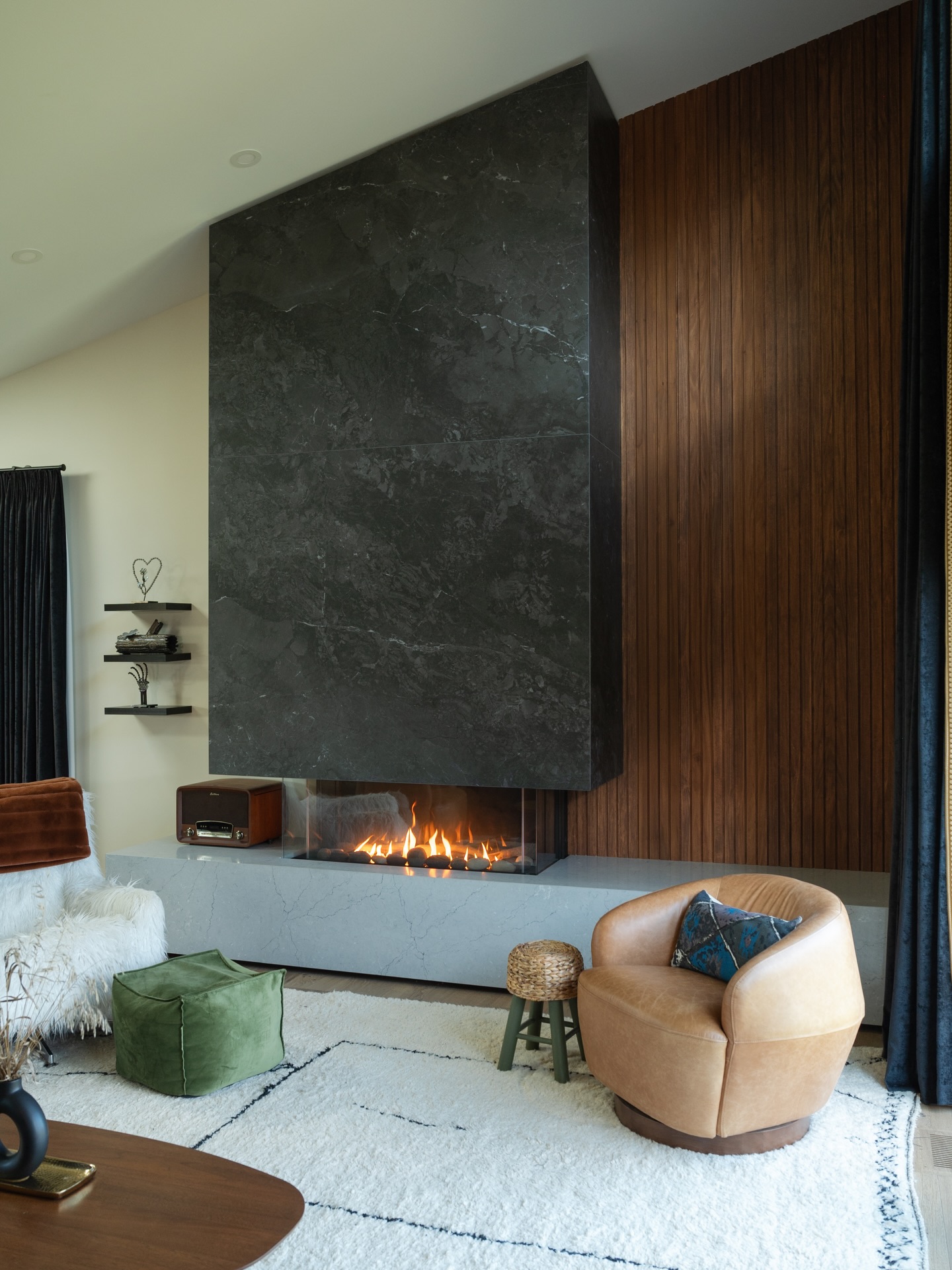 9. Contrast a Dark Slab with Vertical Wood