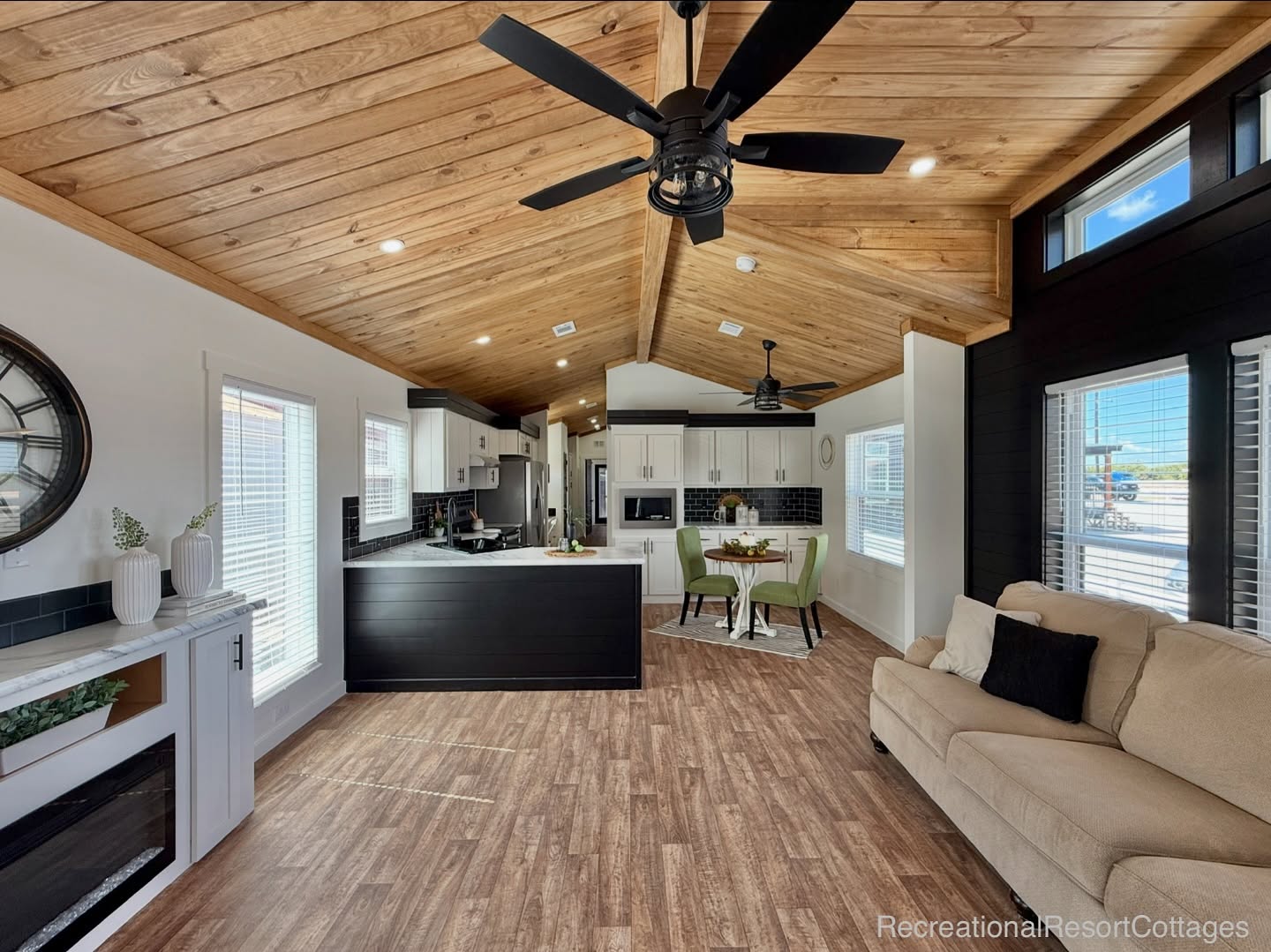 2. Balance a Wood Ceiling With Black Accents