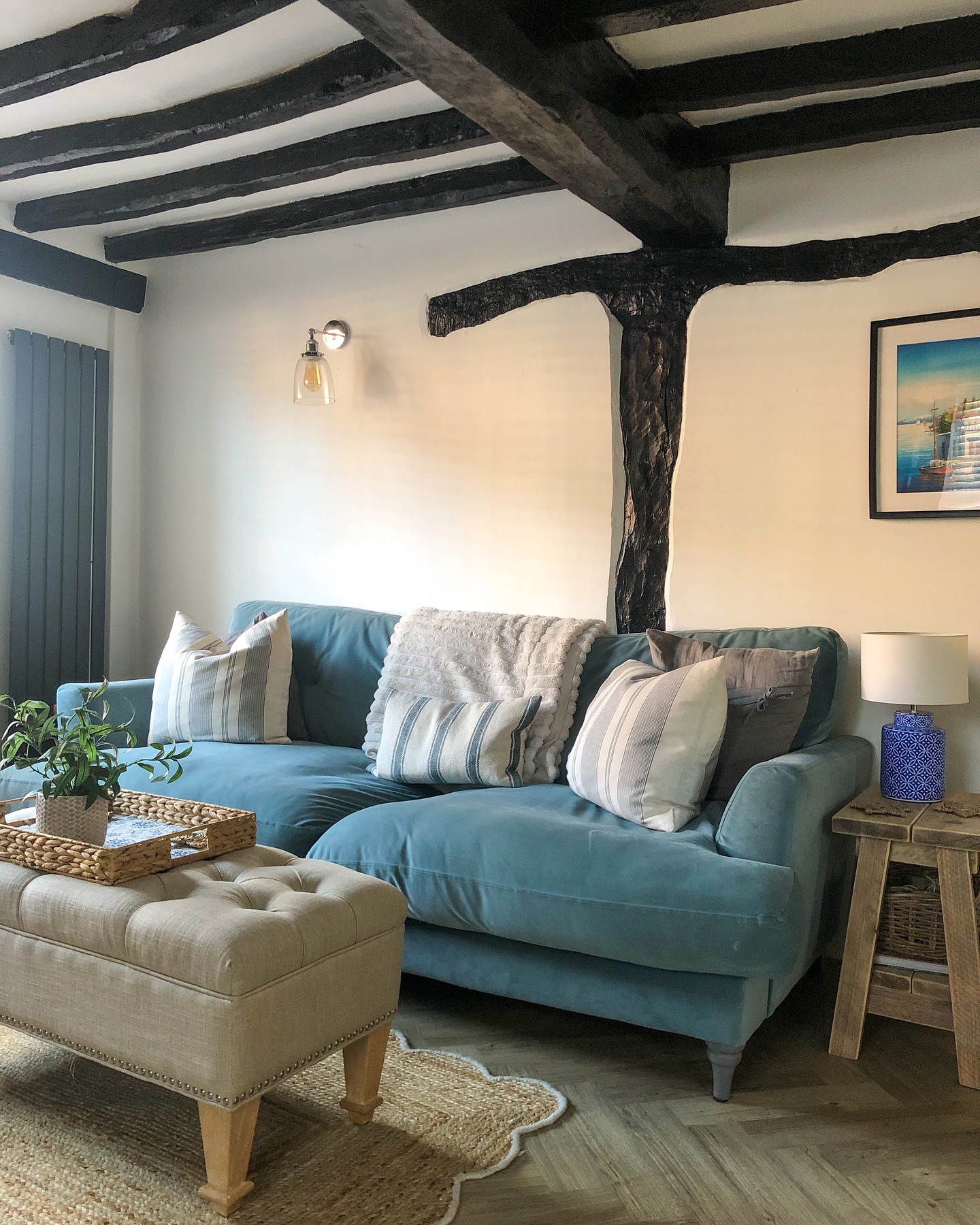 5. Set a Blue Sofa Beneath Dark Beams
