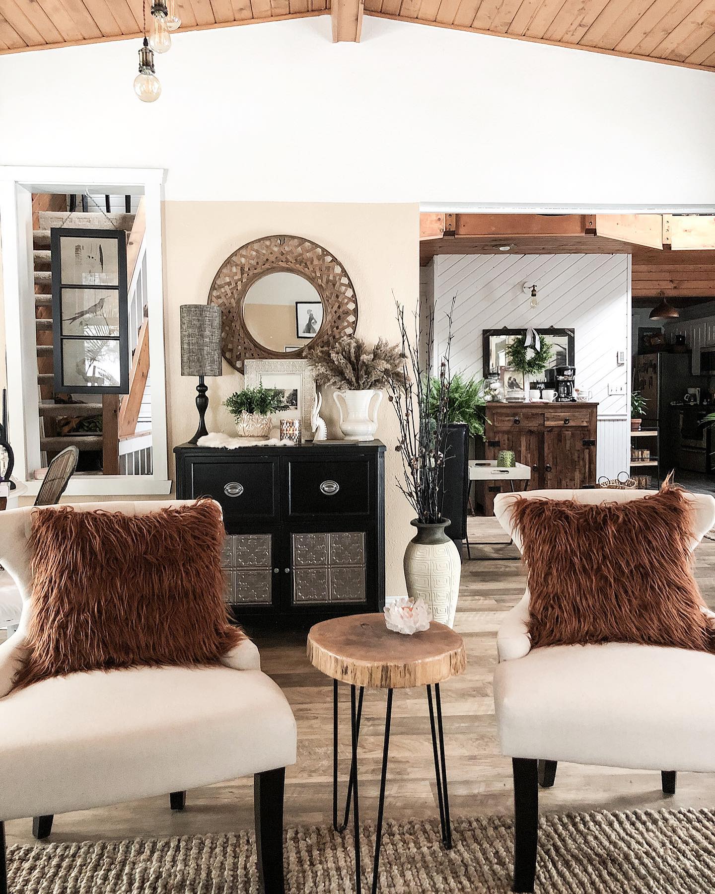 7. Balance Warm Wood With Airy Accent Chairs