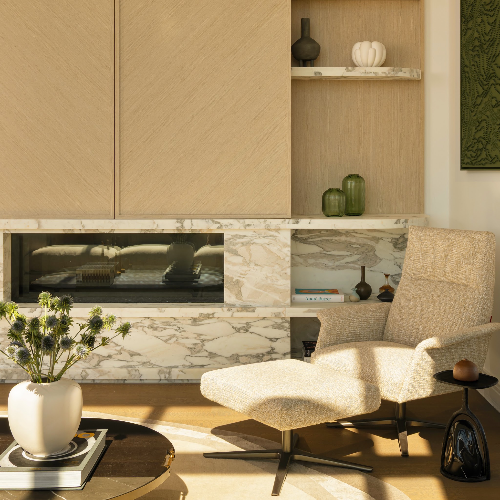 2. Pair Veined Stone with Quiet Woodwork