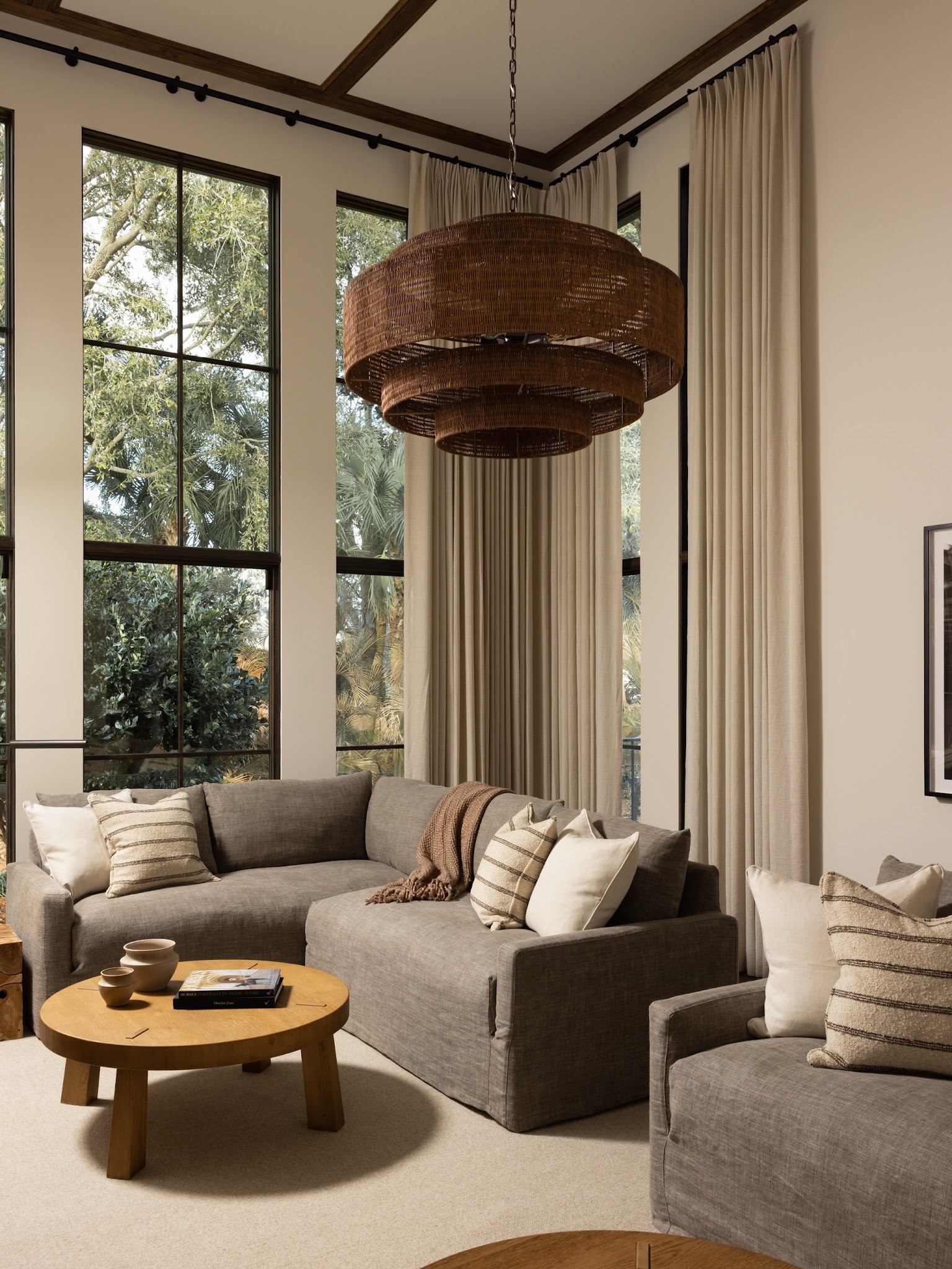 12. Bring a High Ceiling Closer with Woven Lighting