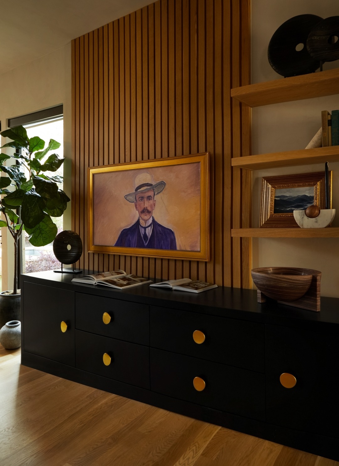 1. Frame the Screen Against Warm Wood Slats