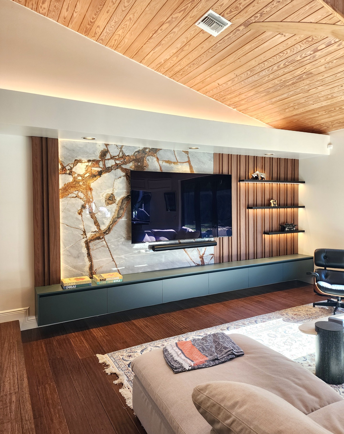 4. Connect a Statement Stone Panel to a Wood Ceiling