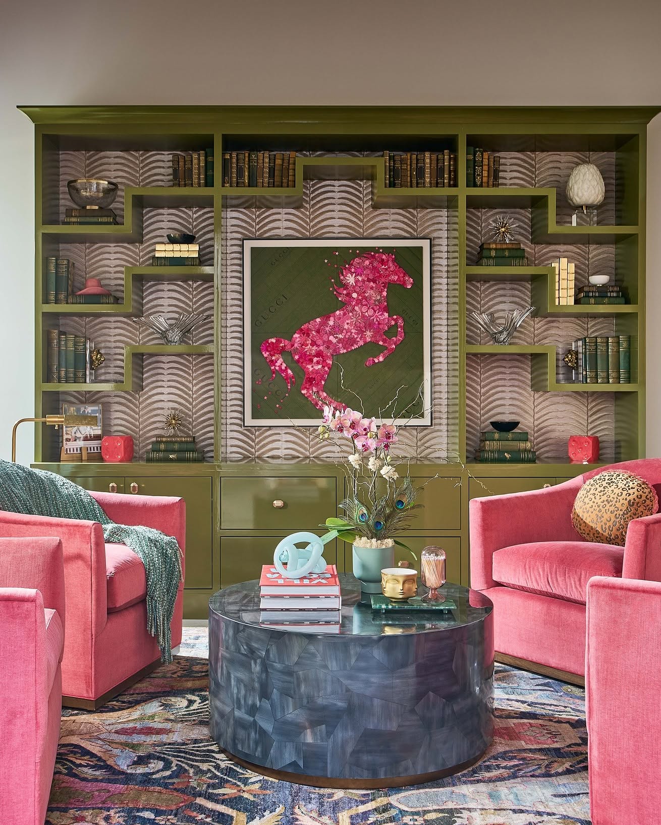 3. Frame Pink Chairs With Olive Shelving