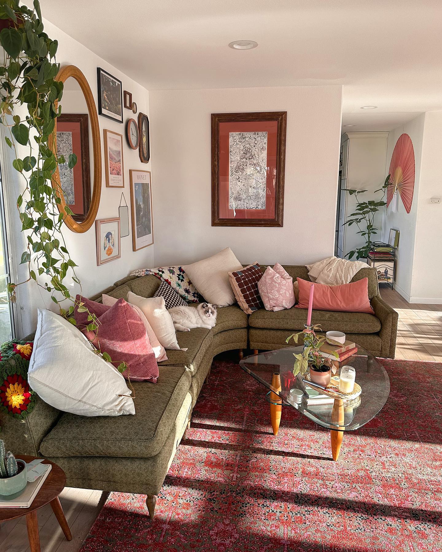 6. Soften an Olive Sectional With Rose Pillows