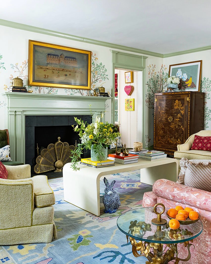 9. Pair Sage Woodwork With a Pink Floral Chair