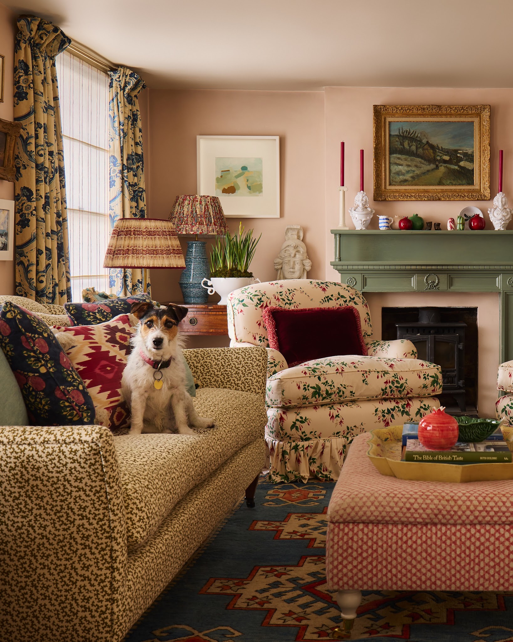 12. Layer Floral Fabrics Against Soft Pink Walls