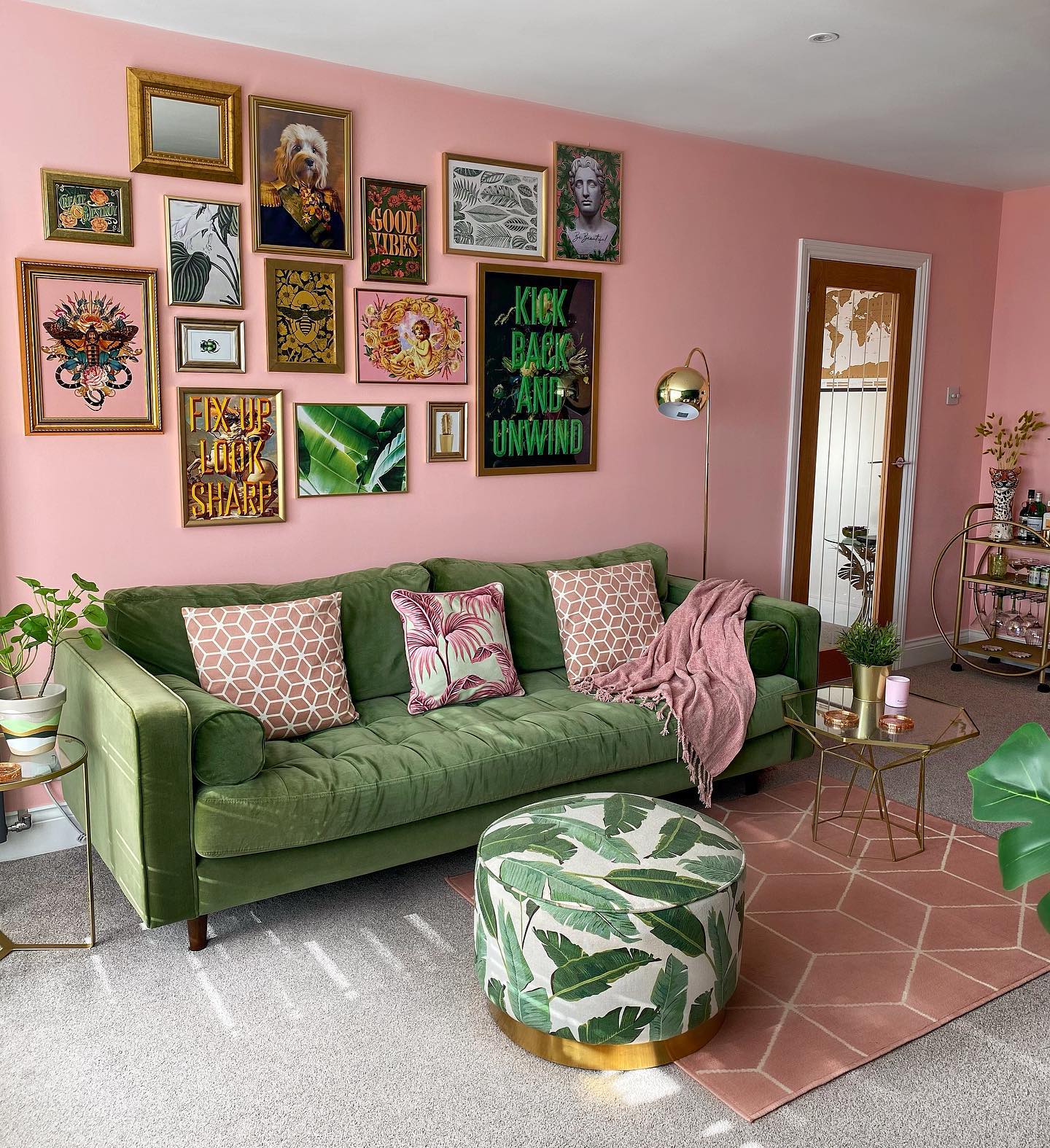 15. Connect a Pink Gallery Wall to Green Seating