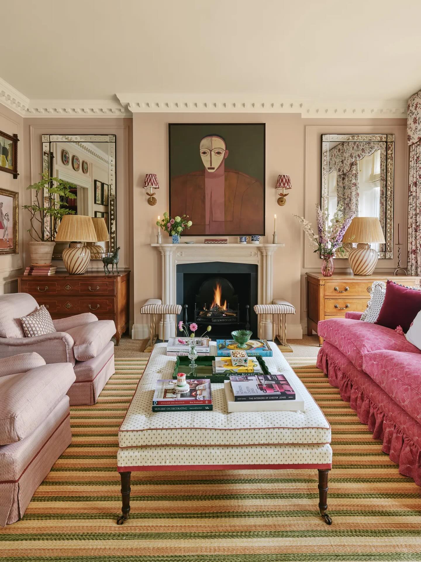 2. Mix Several Pinks Around a Striped Rug