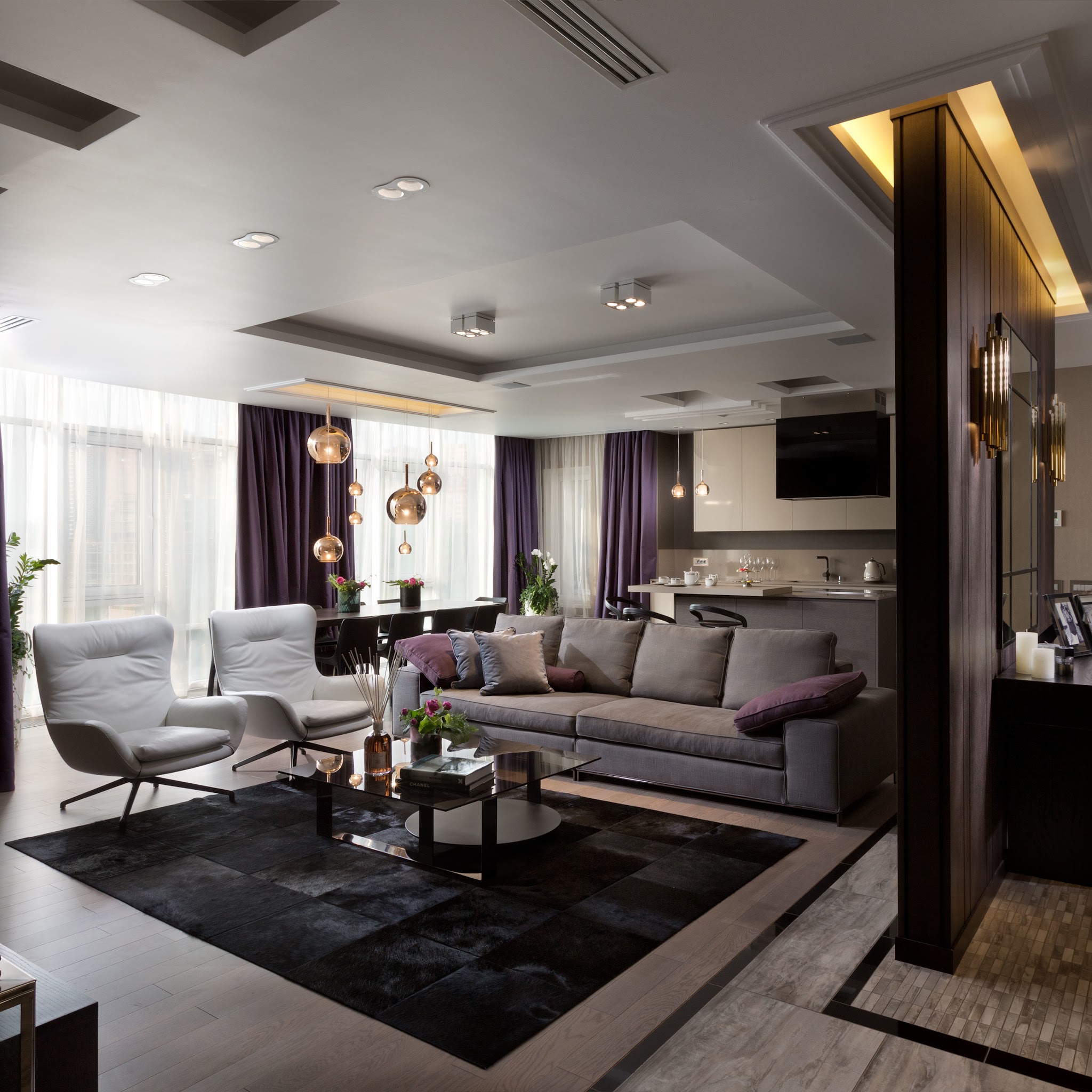 3. Soften Gray Furniture with Plum Curtains
