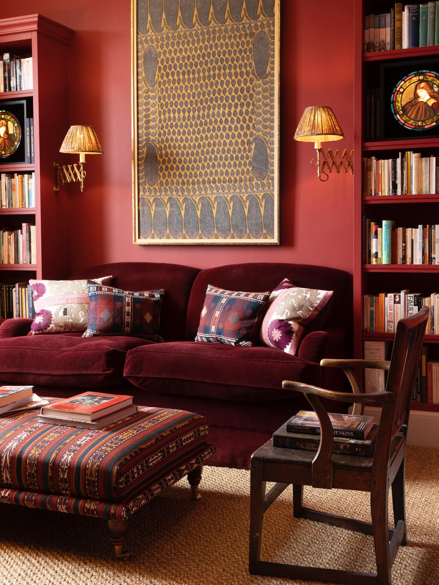 7. Create a Red Reading Nook with Built-Ins