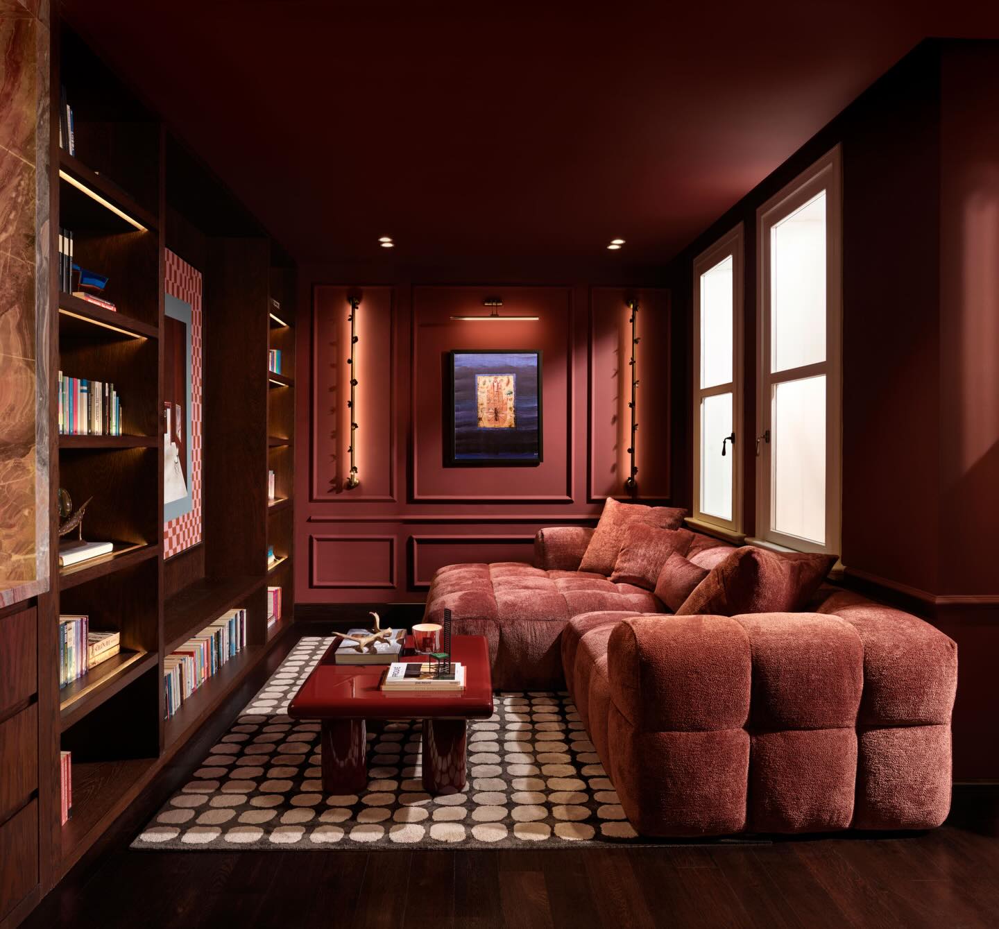 10. Run a Burgundy Palette Through a Narrow Lounge