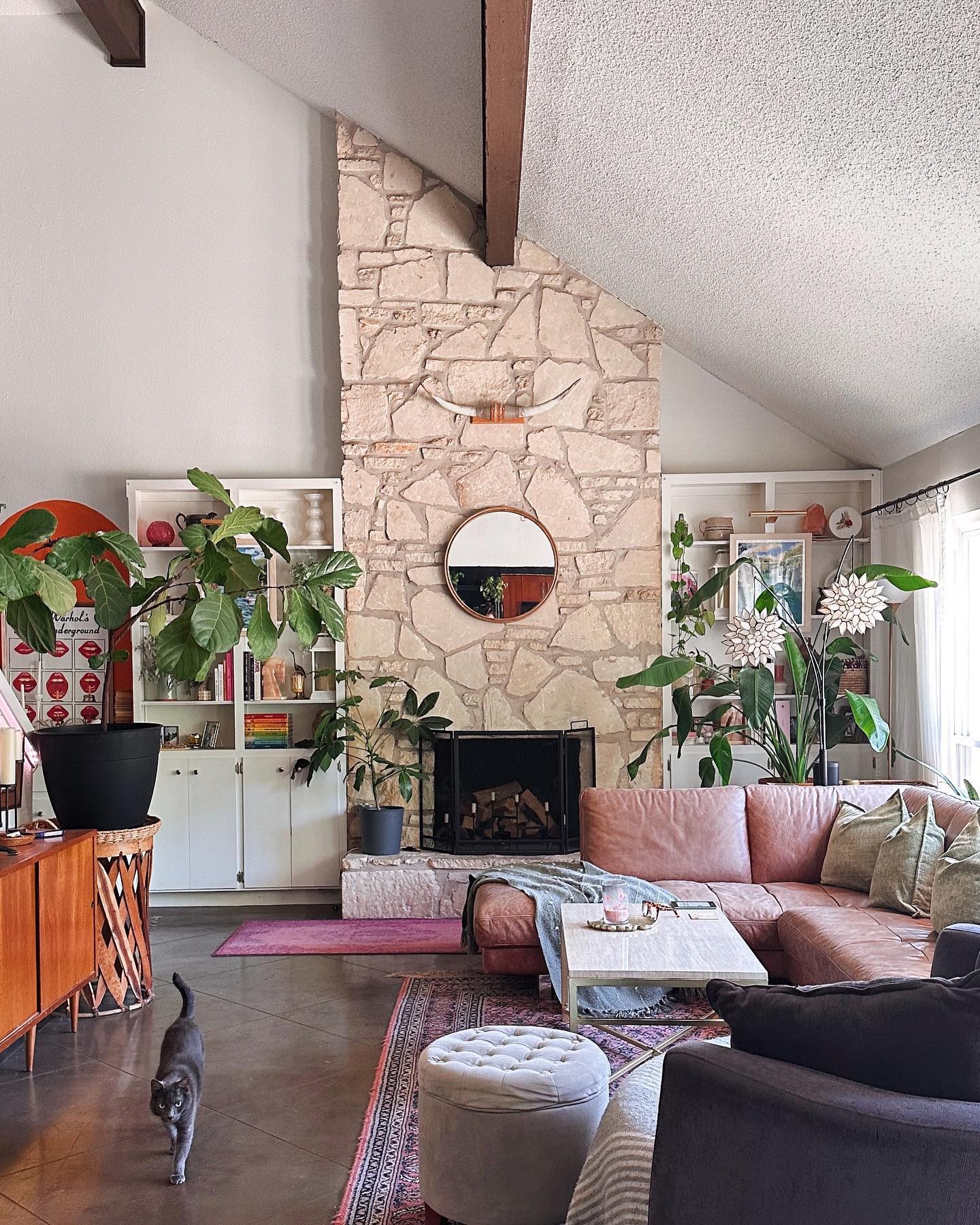 2. Soften a Stone Chimney With Collected Shelves
