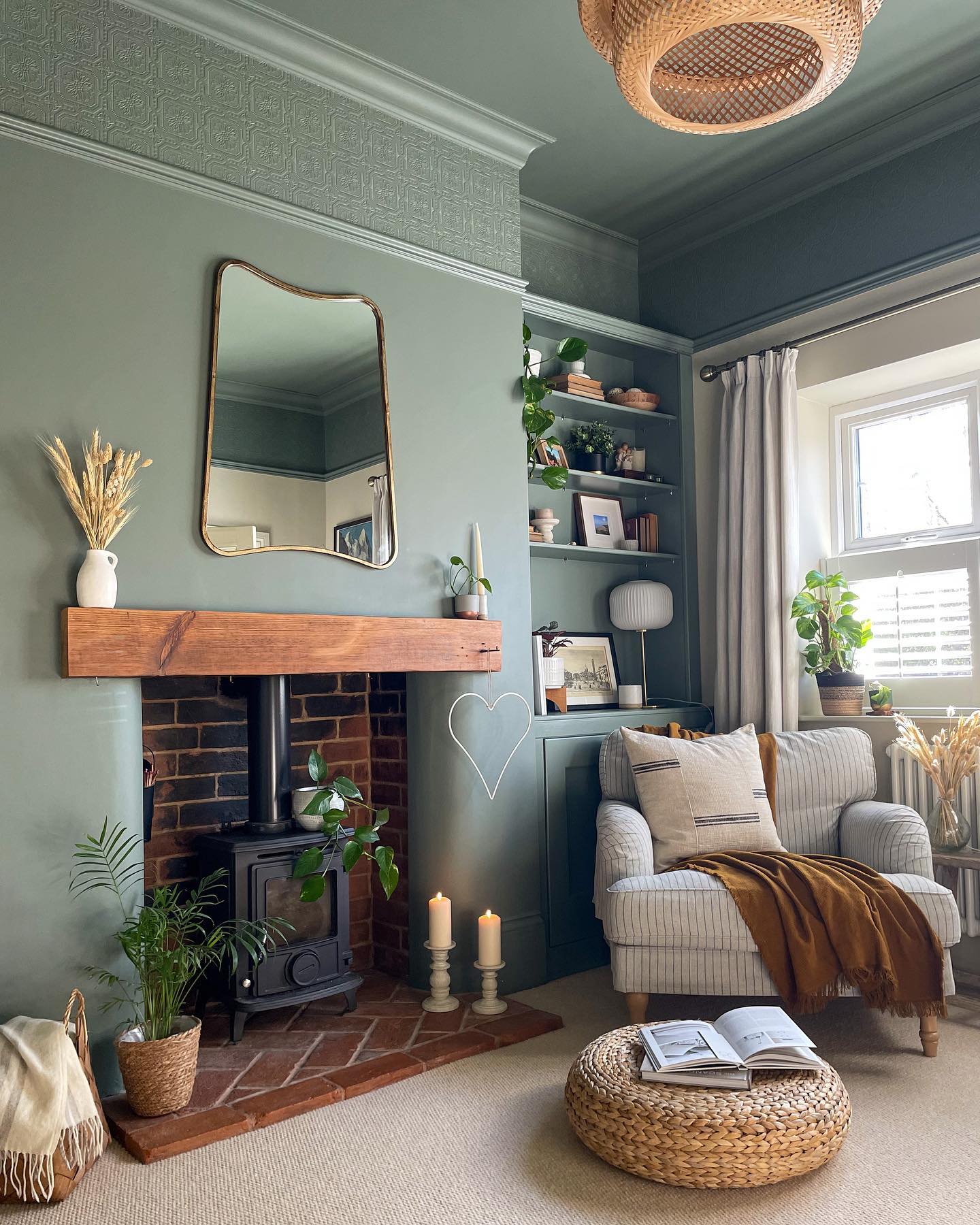 17. Frame a Wood Mantel With Muted Green