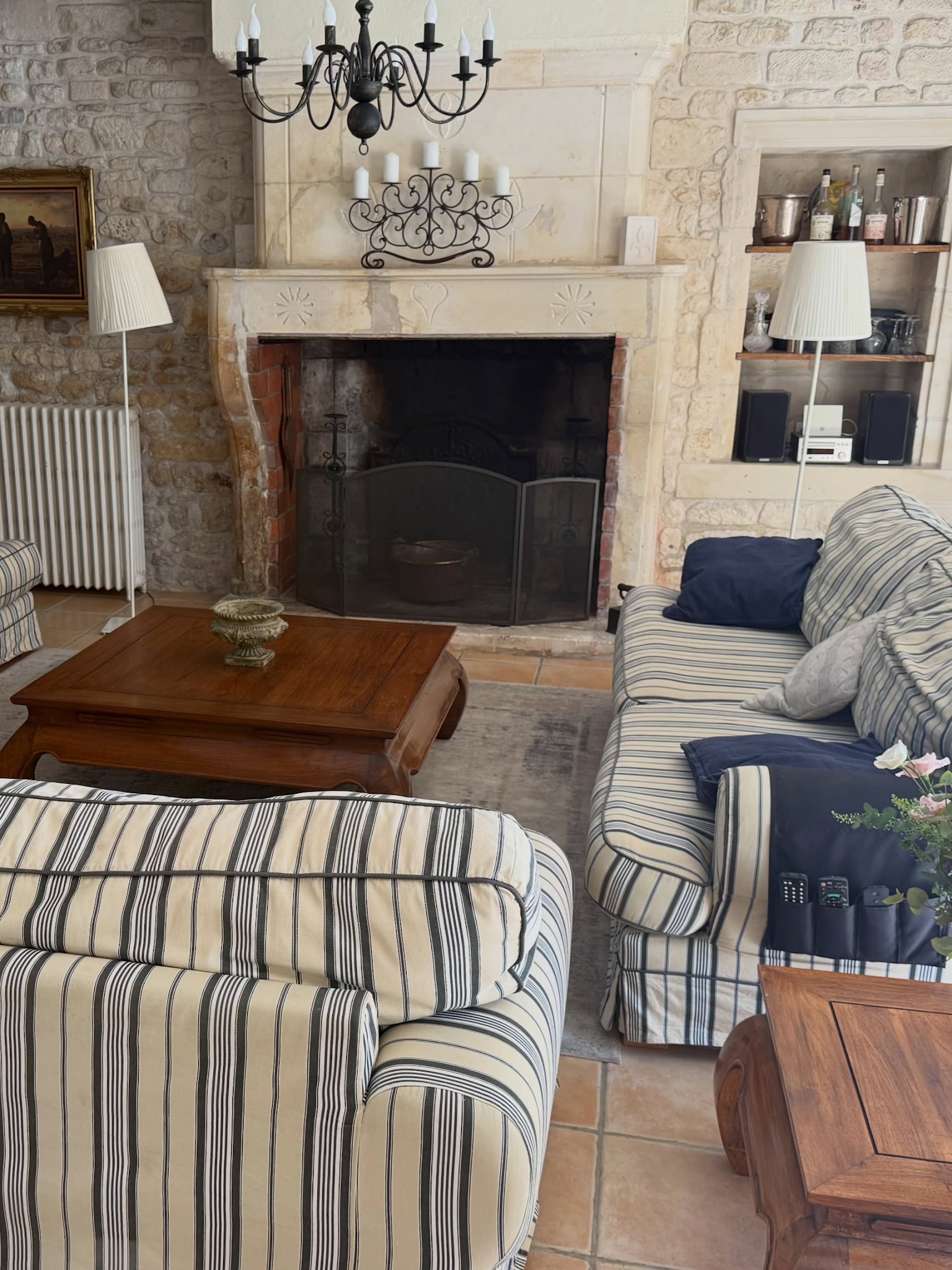 12. Use Ticking Stripes beside a Stone Hearth