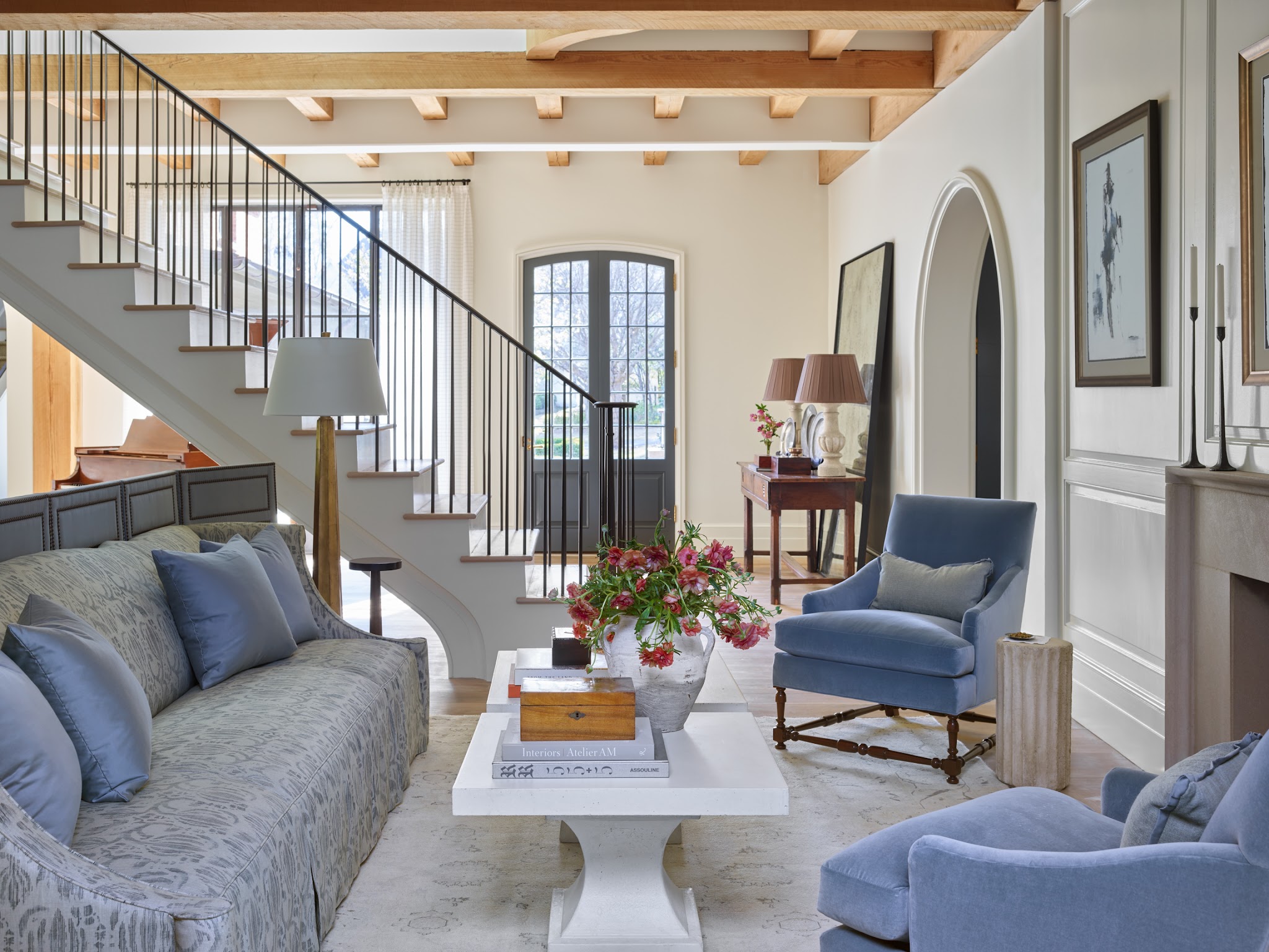 20. Pair Powder Blue Seating with Warm Wood