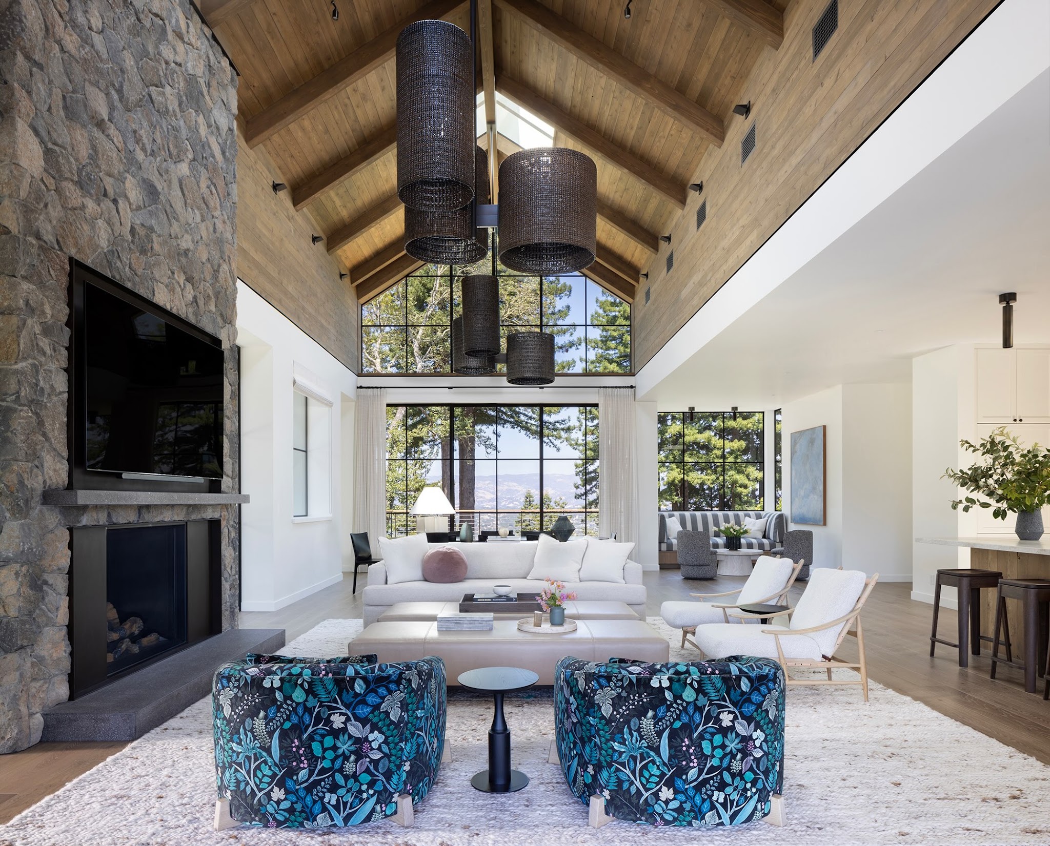 14. Hang Woven Pendants Below a Tall Wood Ceiling