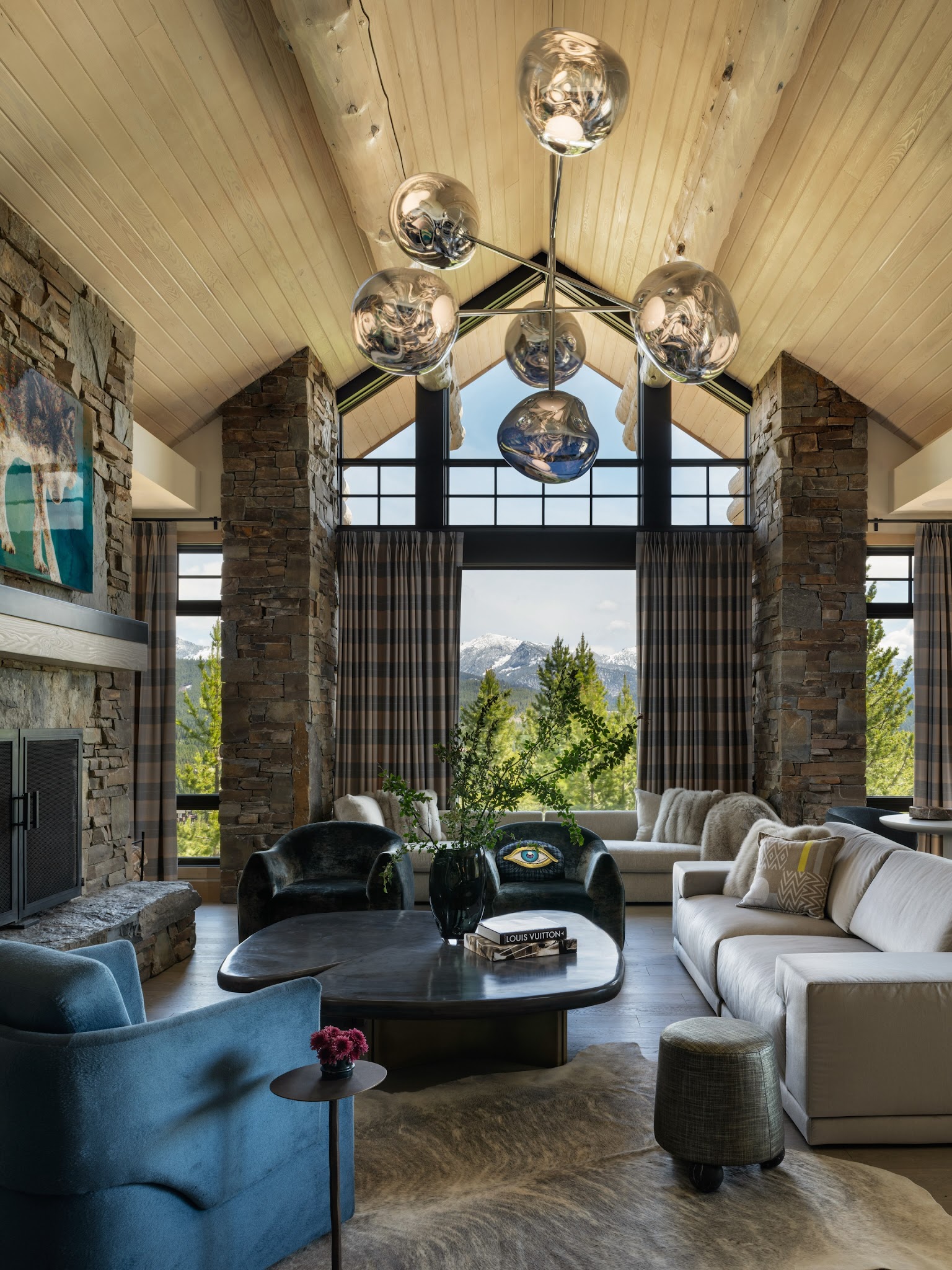 15. Soften Stone Piers With Long Plaid Curtains