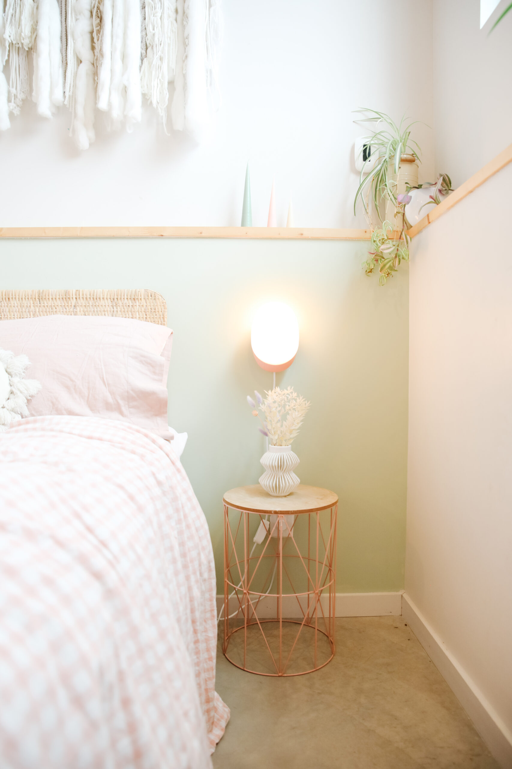 11. Keep a Pink Wire Nightstand Light Against Sage Walls
