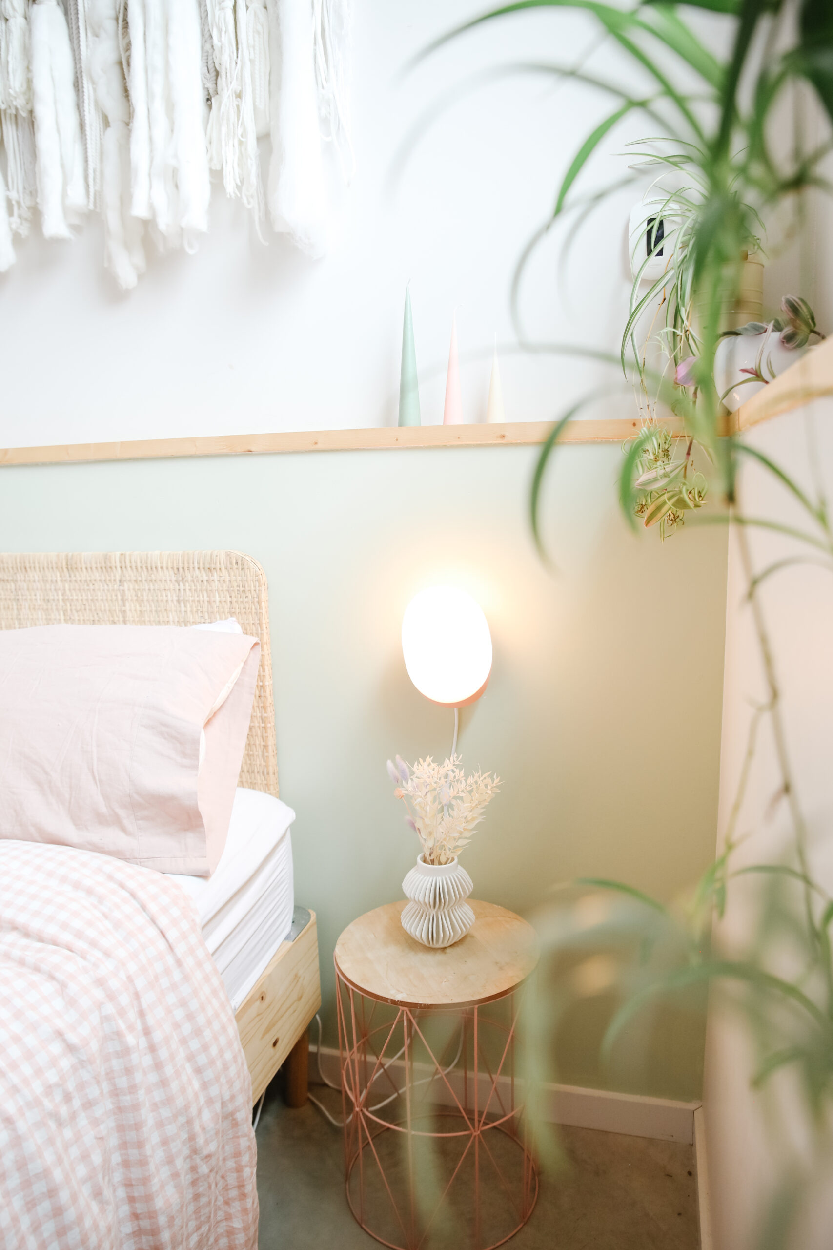 16. Soften the Sage and Blush Bedside Corner With Leaves