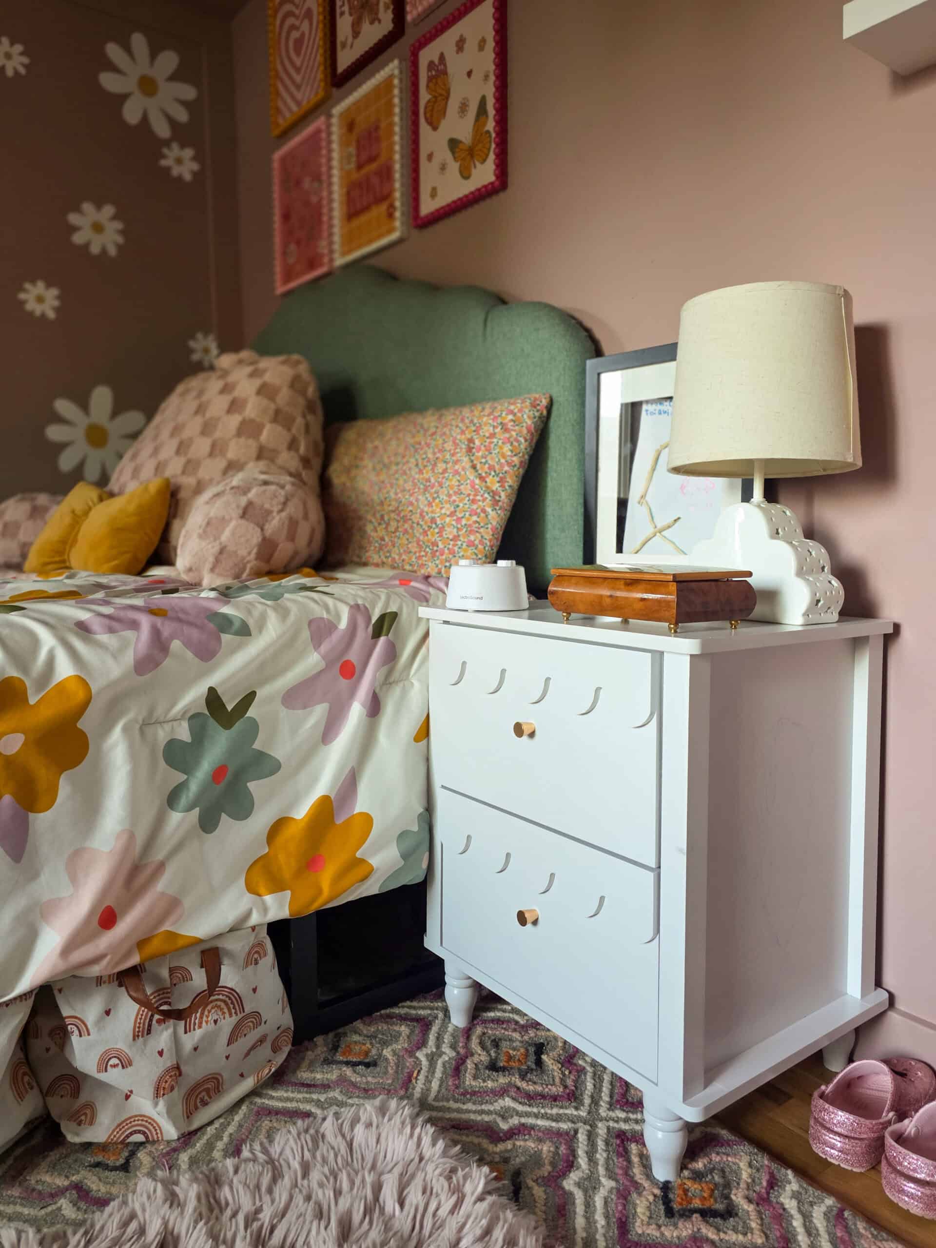 17. Add a White Nightstand Between Sage Upholstery and Blush