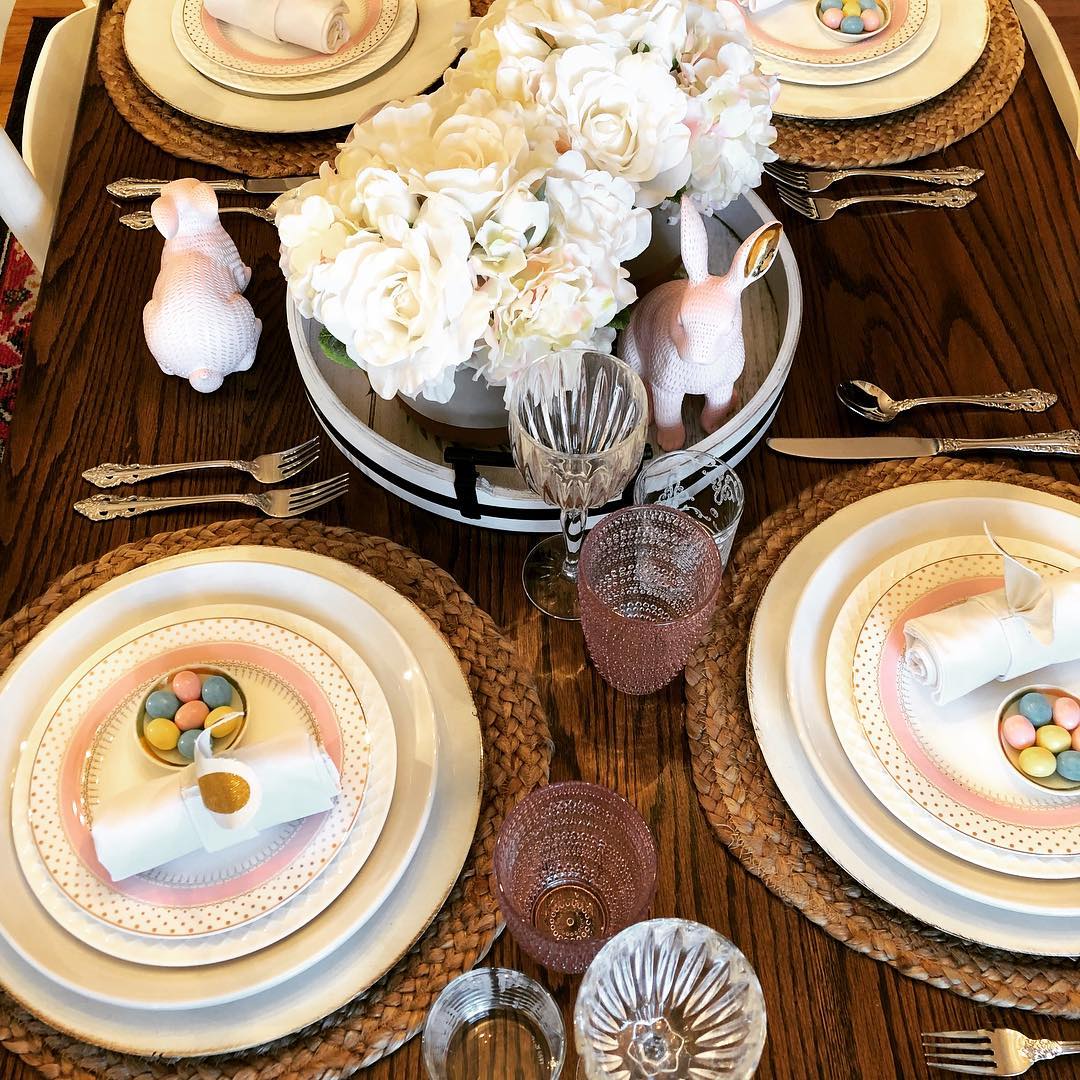 20. Gather Ivory Flowers and Pink Rabbits on a Tray