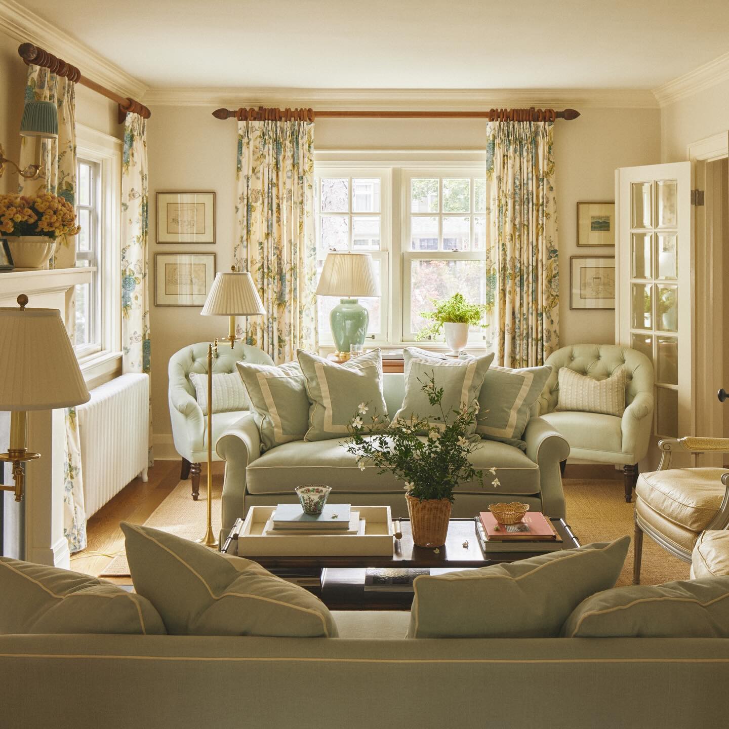 3. Let Floral Curtains Set a Soft Green Palette
