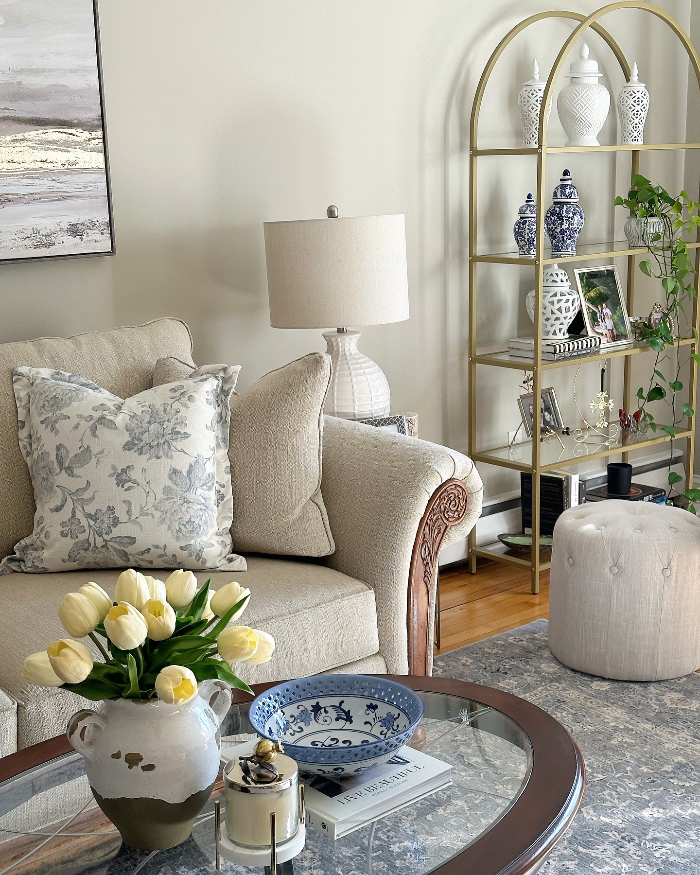 5. Introduce Blue Ceramics Beside Pale Tulips