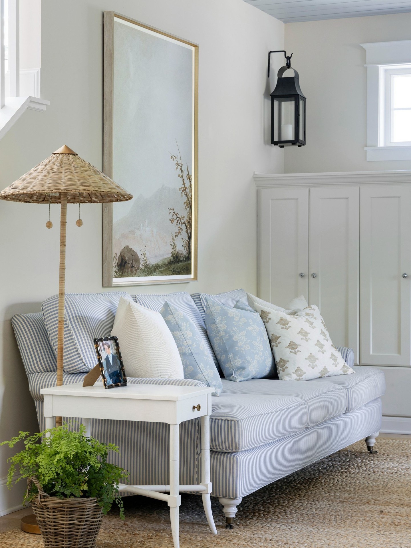 16. Add Woven Lighting to a Blue Striped Settee