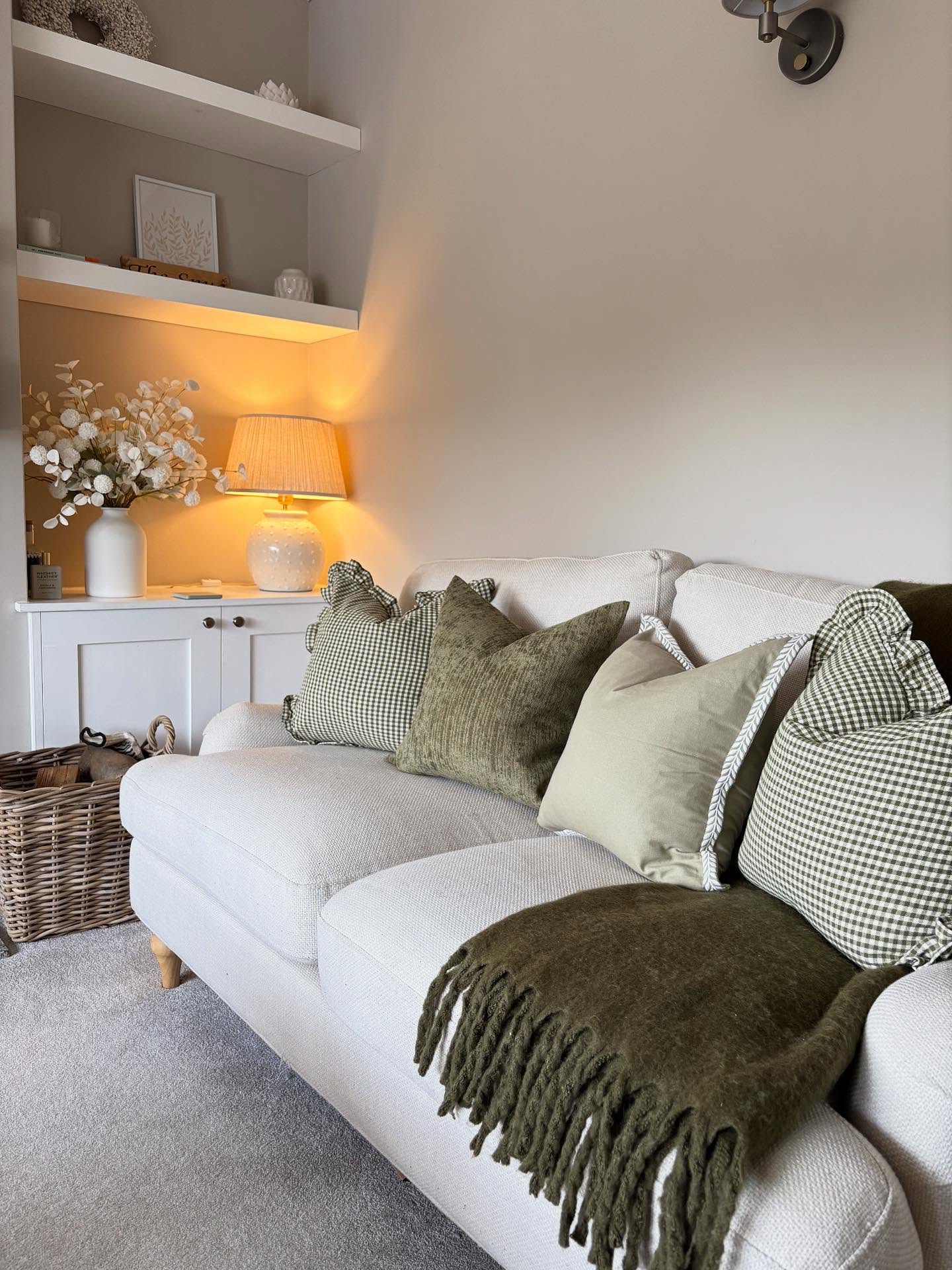 19. Refresh a Pale Sofa With Olive Gingham
