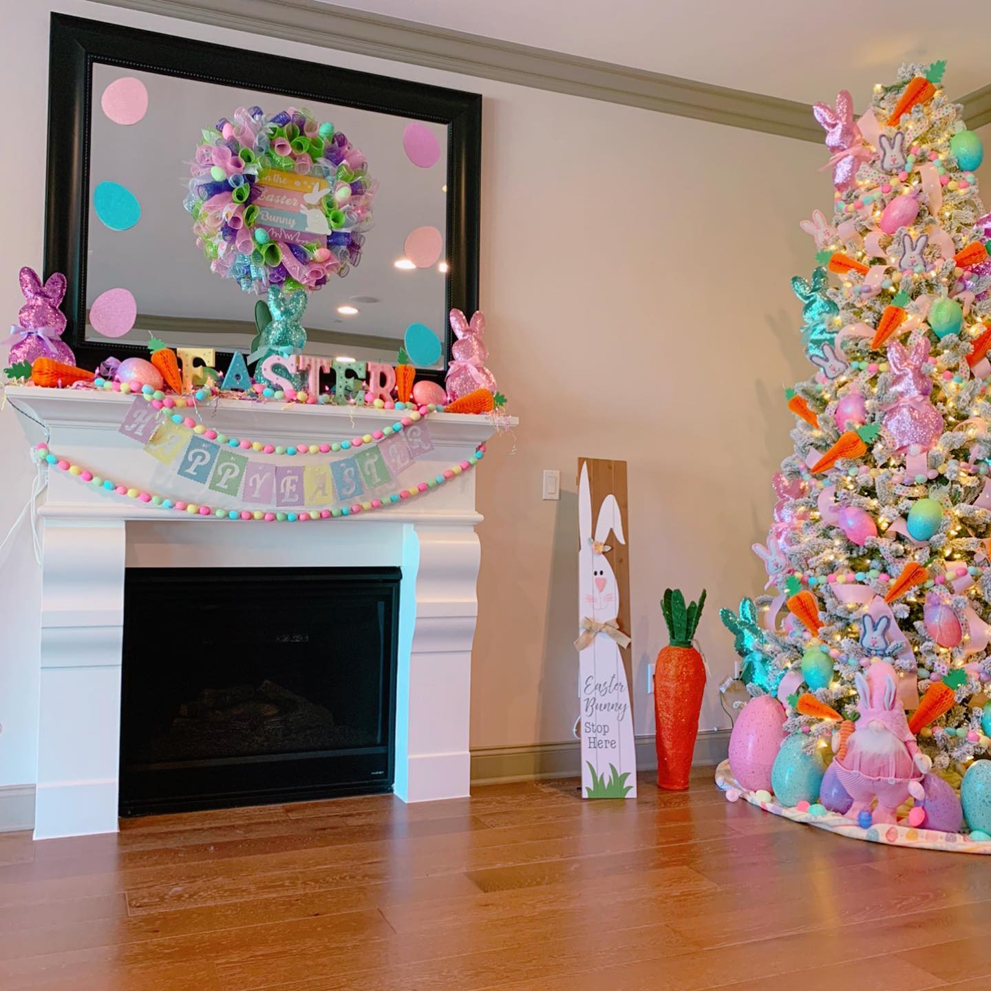 20. Repeat Bright Easter Colors Across a Mantel and Tree