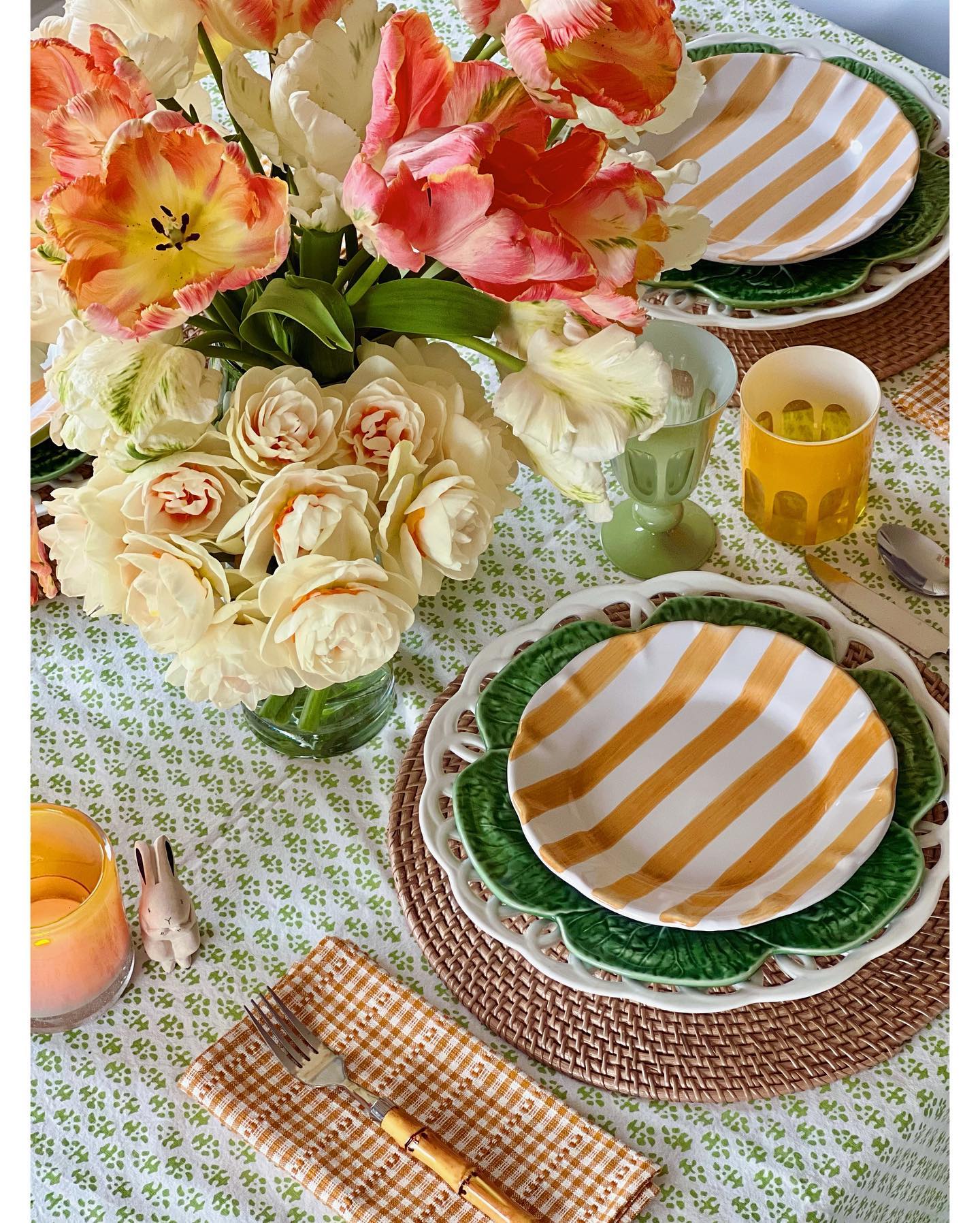 9. Striped Plates over Green Leaf Shapes